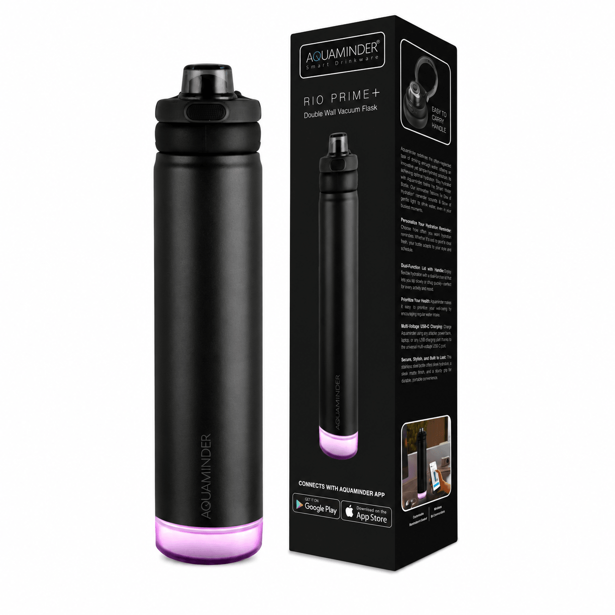 Rio Prime+ Smart Reminder Beep & Glow Vacuum Bottle with Chug Cap | 700 ml | Hot & Cold Retention | 15 - Day Battery - AQUAMINDER