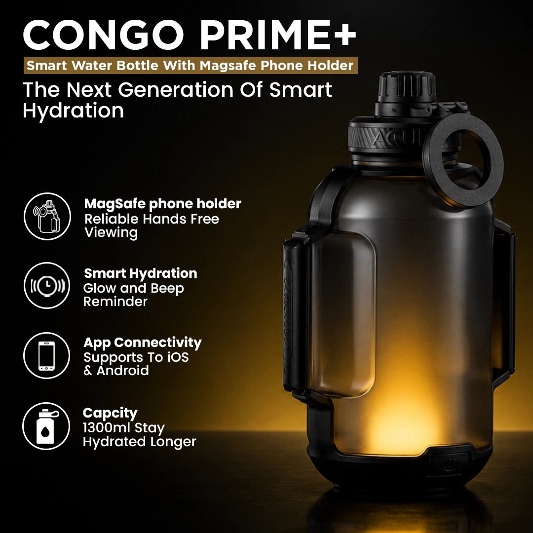 Congo Prime+ Smart Reminder Bottle with Chug Cap, Magnetic Phone Holder & Aquaminder APP Connectivity | 1300ml | Black - AQUAMINDER