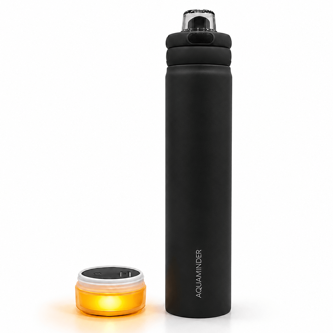 Personalised Rio Prime+ Smart Reminder Beep & Glow Vacuum Bottle with Chug Cap | 700 ml | Hot & Cold Retention | 15-Day Battery | Black - COD Not Applicable - AQUAMINDER