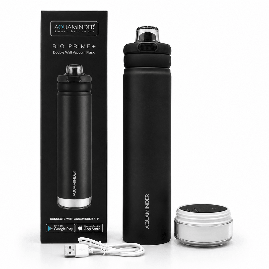 Personalised Rio Prime+ Smart Reminder Beep & Glow Vacuum Bottle with Chug Cap | 700 ml | Hot & Cold Retention | 15-Day Battery | Black - COD Not Applicable - AQUAMINDER