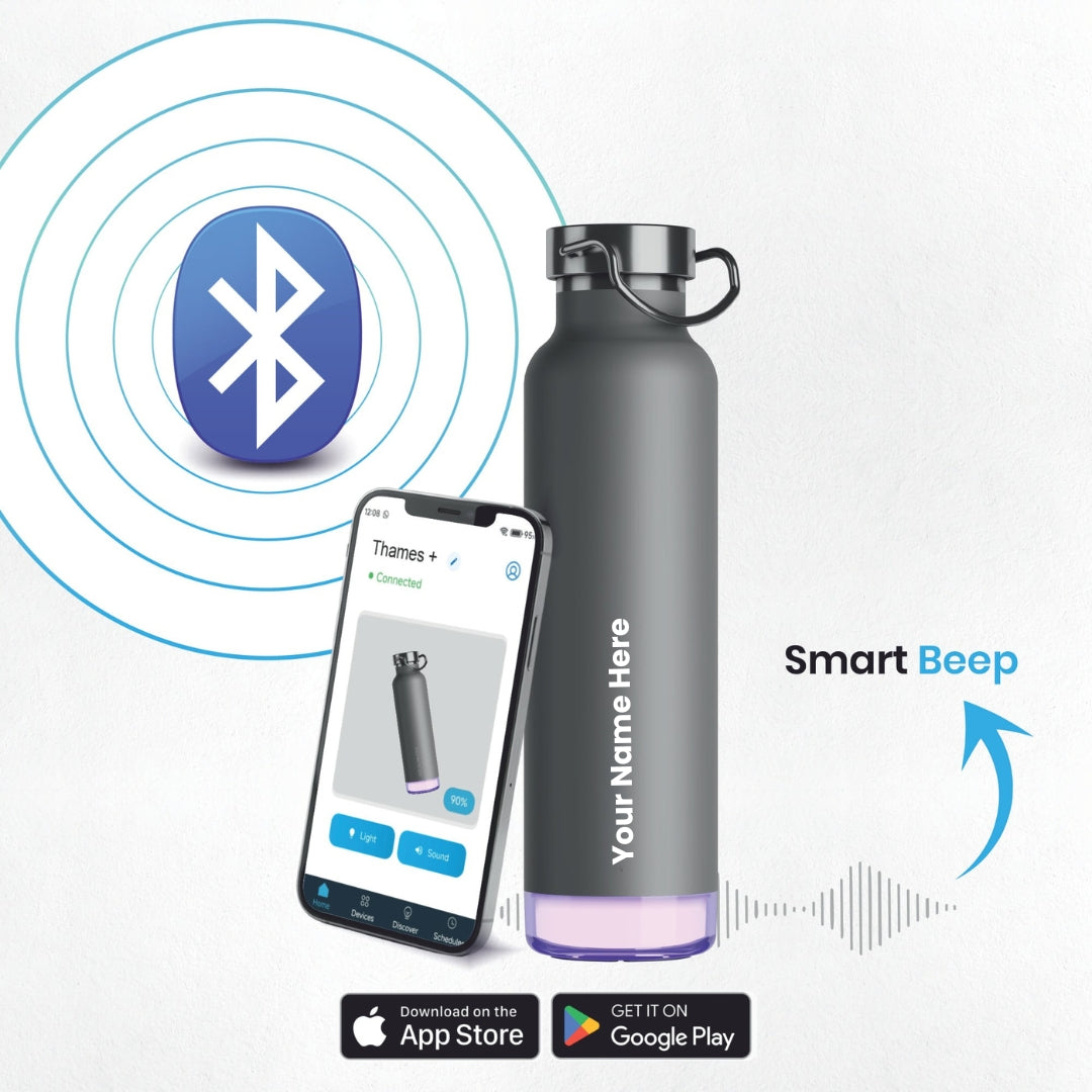 Personalised Thames+ Smart Reminder Led Vacuum Bottle & Aquaminder APP Connectivity | 600 ml | Grey - COD Not Applicable