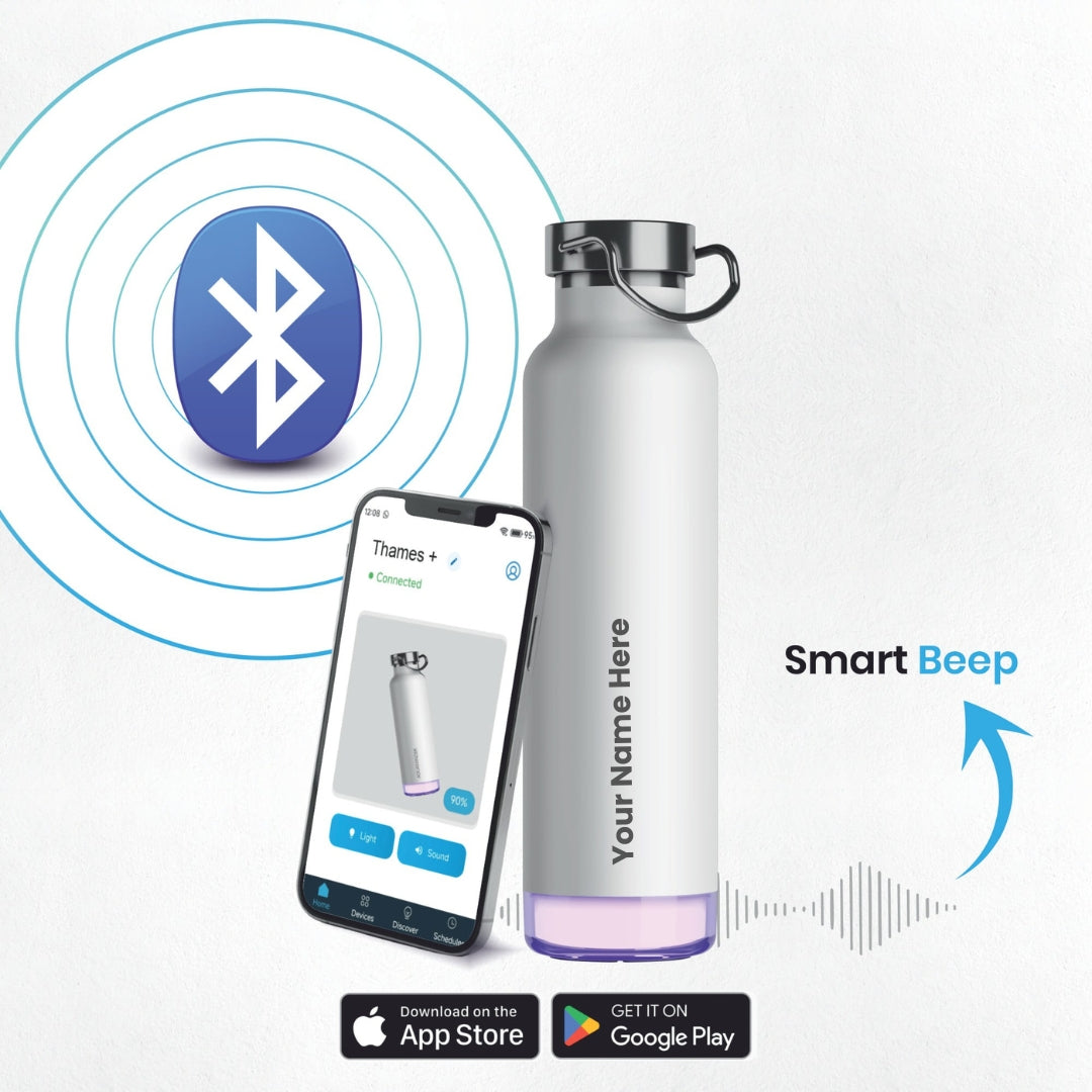 Personalised Thames+ Smart Reminder Led Vacuum Bottle & Aquaminder APP Connectivity | 600 ml | White - COD Not Applicable
