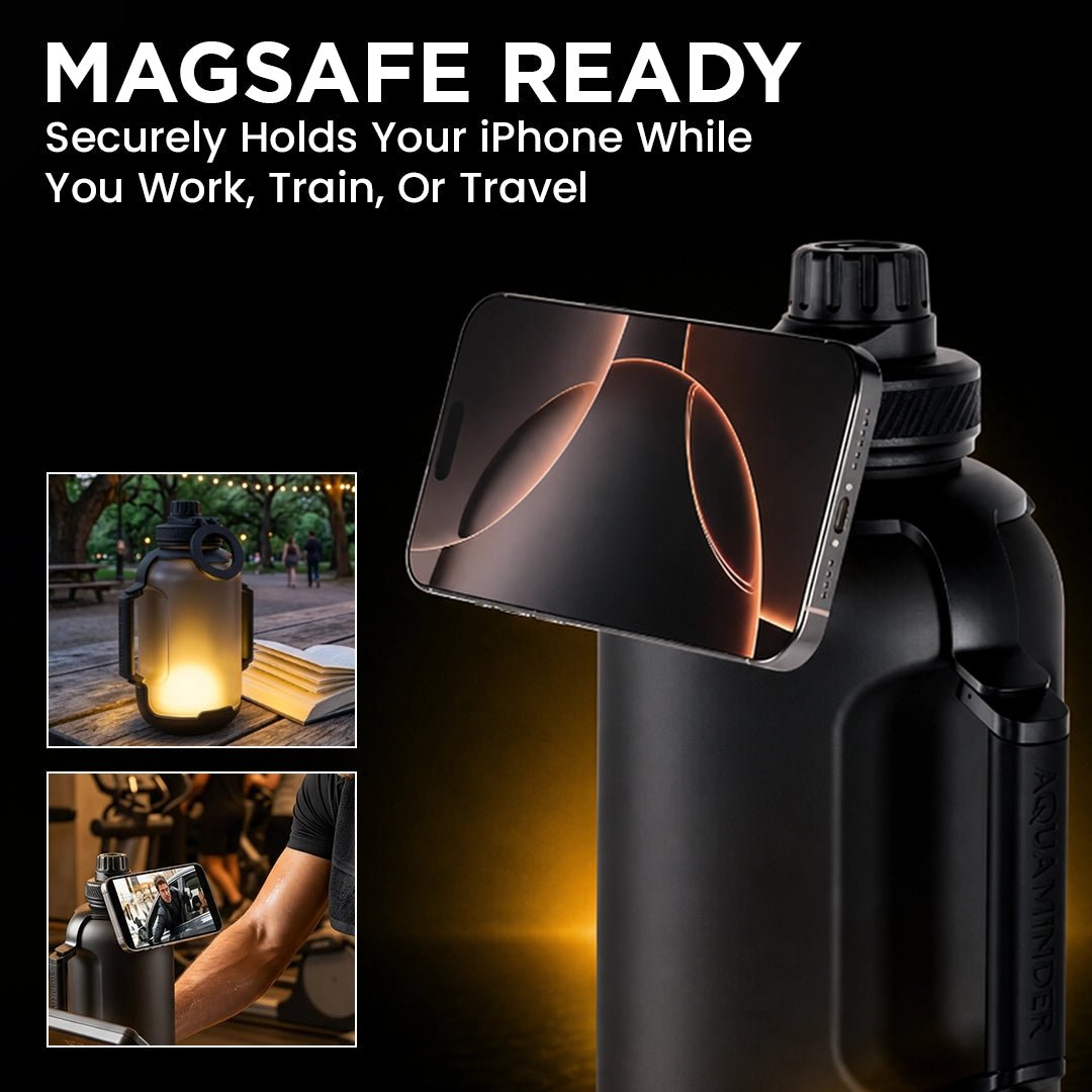 Congo Prime+ Smart Reminder Bottle with Chug Cap, Magnetic Phone Holder & Aquaminder APP Connectivity | 1300ml | Black - AQUAMINDER