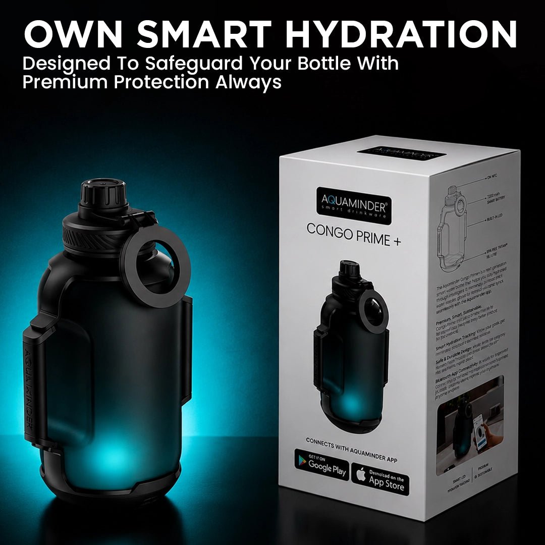 Congo Prime+ Smart Reminder Bottle with Chug Cap, Magnetic Phone Holder & Aquaminder APP Connectivity | 1300ml | Black - AQUAMINDER