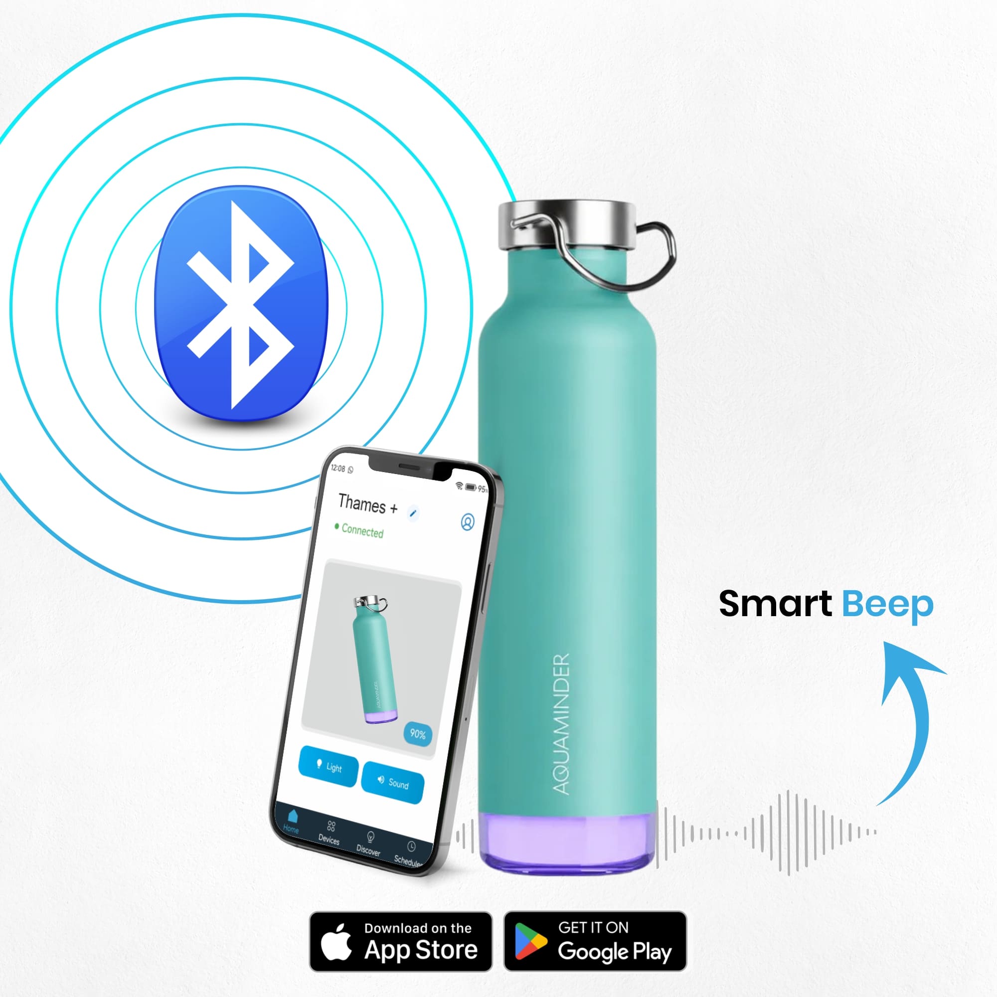 Thames+Smart Water Bottle with App Connectivity ,600 ml ,SS 304 Material - AQUAMINDER