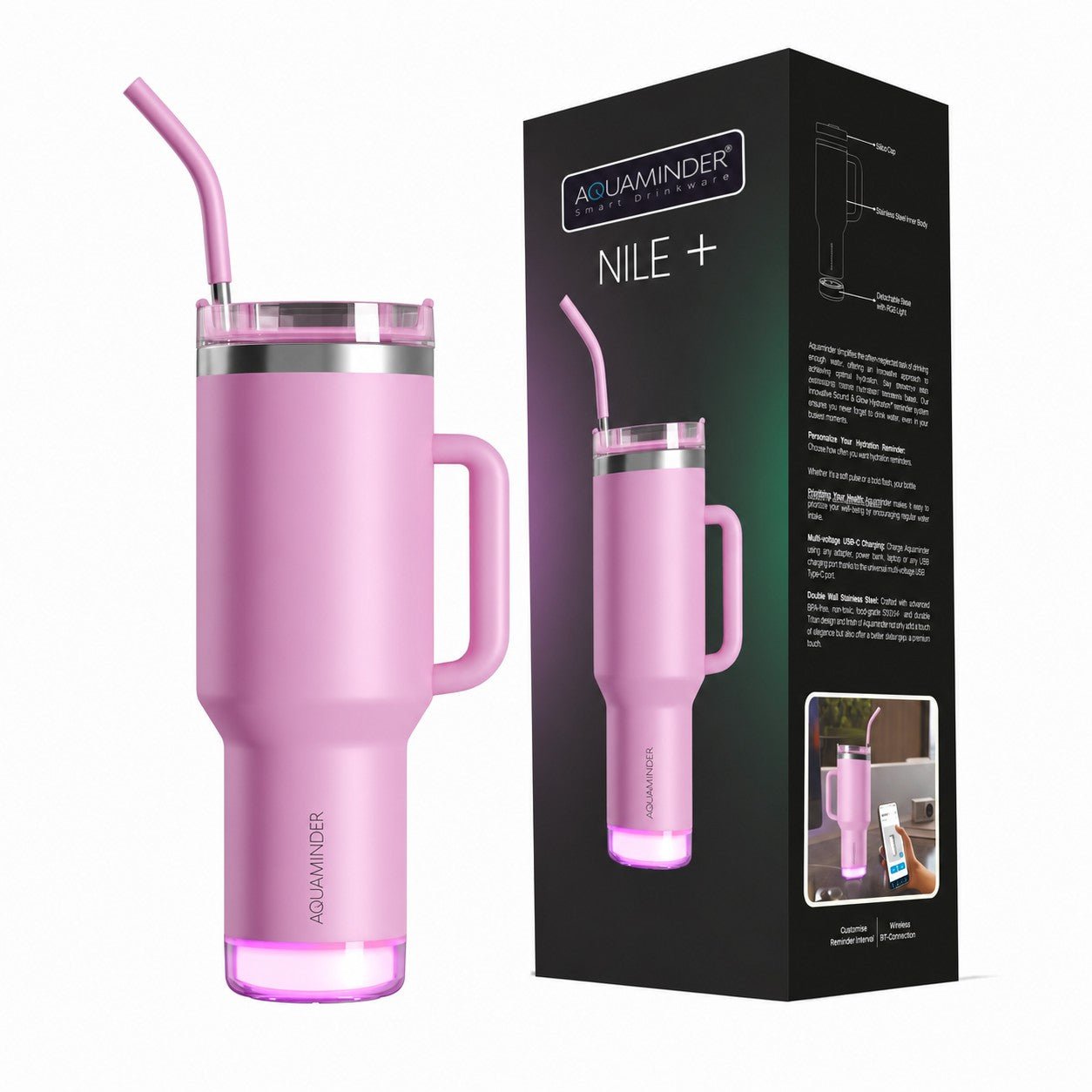 Nile+ Smart Reminder Led Vacuum Tumbler with Sipper Cap, Straw & Aquaminder APP Connectivity | 1200ML | Pink - AQUAMINDER