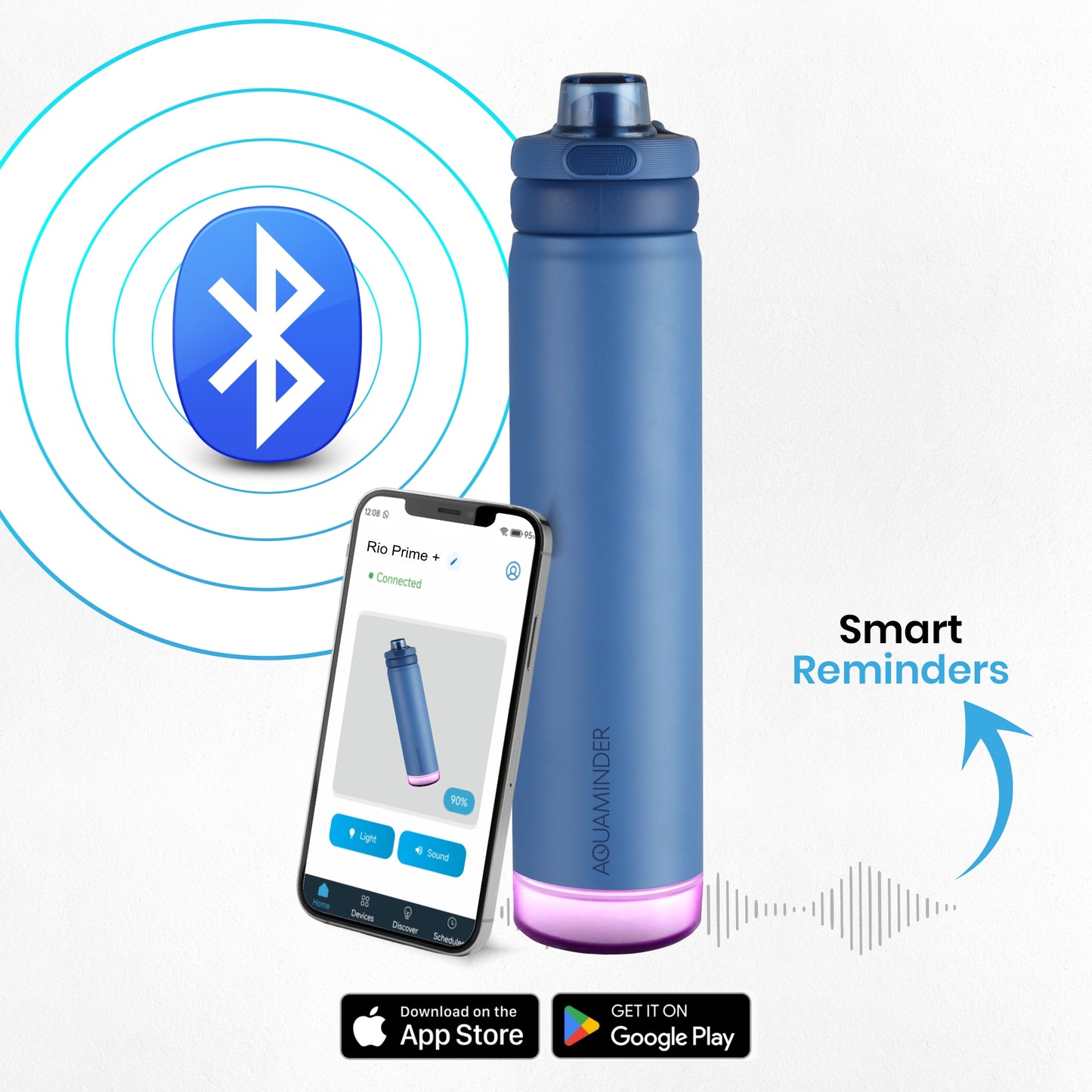 Rio Prime +Smart Water Bottle, 700 ml with Beep & Glow Reminder Double Wall Stainless Steel, Hot & Cold Retention, 15-Day Battery