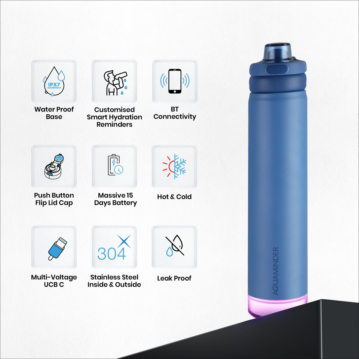 Rio Prime +Smart Water Bottle, 700 ml with Beep & Glow Reminder Double Wall Stainless Steel, Hot & Cold Retention, 15-Day Battery