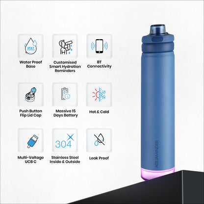 Rio Prime +Smart Water Bottle, 700 ml with Beep & Glow Reminder Double Wall Stainless Steel, Hot & Cold Retention, 15-Day Battery