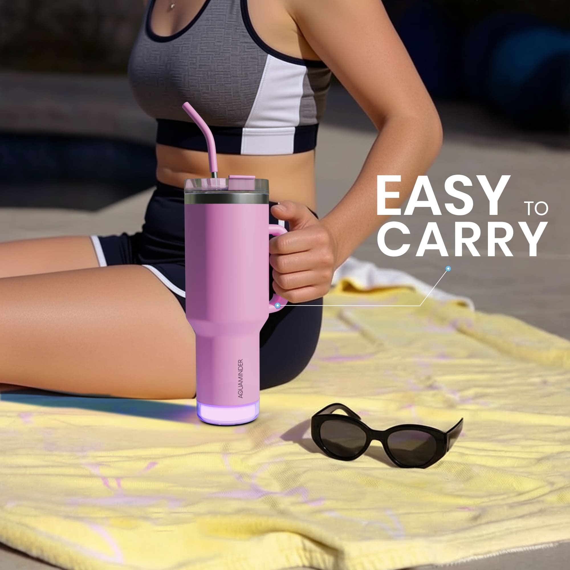 Nile+ Smart Reminder Led Vacuum Tumbler with Sipper Cap, Straw & Aquaminder APP Connectivity | 1200ML | Pink - AQUAMINDER