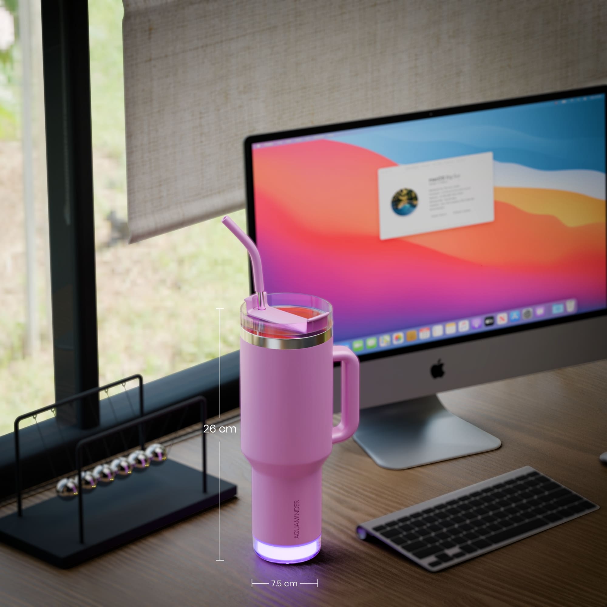 Nile+ Smart Reminder Led Vacuum Tumbler with Sipper Cap, Straw & Aquaminder APP Connectivity | 1200ML | Pink - AQUAMINDER