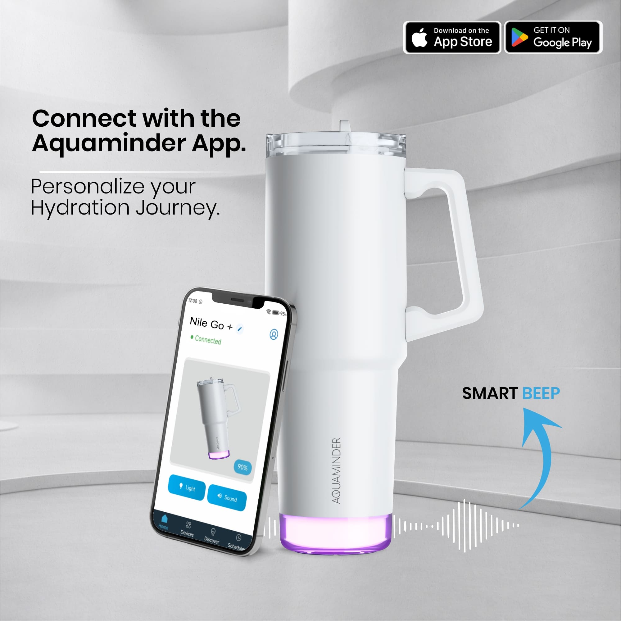 Personalised Nile Go+ Smart Reminder Led Vacuum Tumbler with Sipper Cap & Aquaminder APP Connectivity | 800ML | White - COD Not Applicable - AQUAMINDER