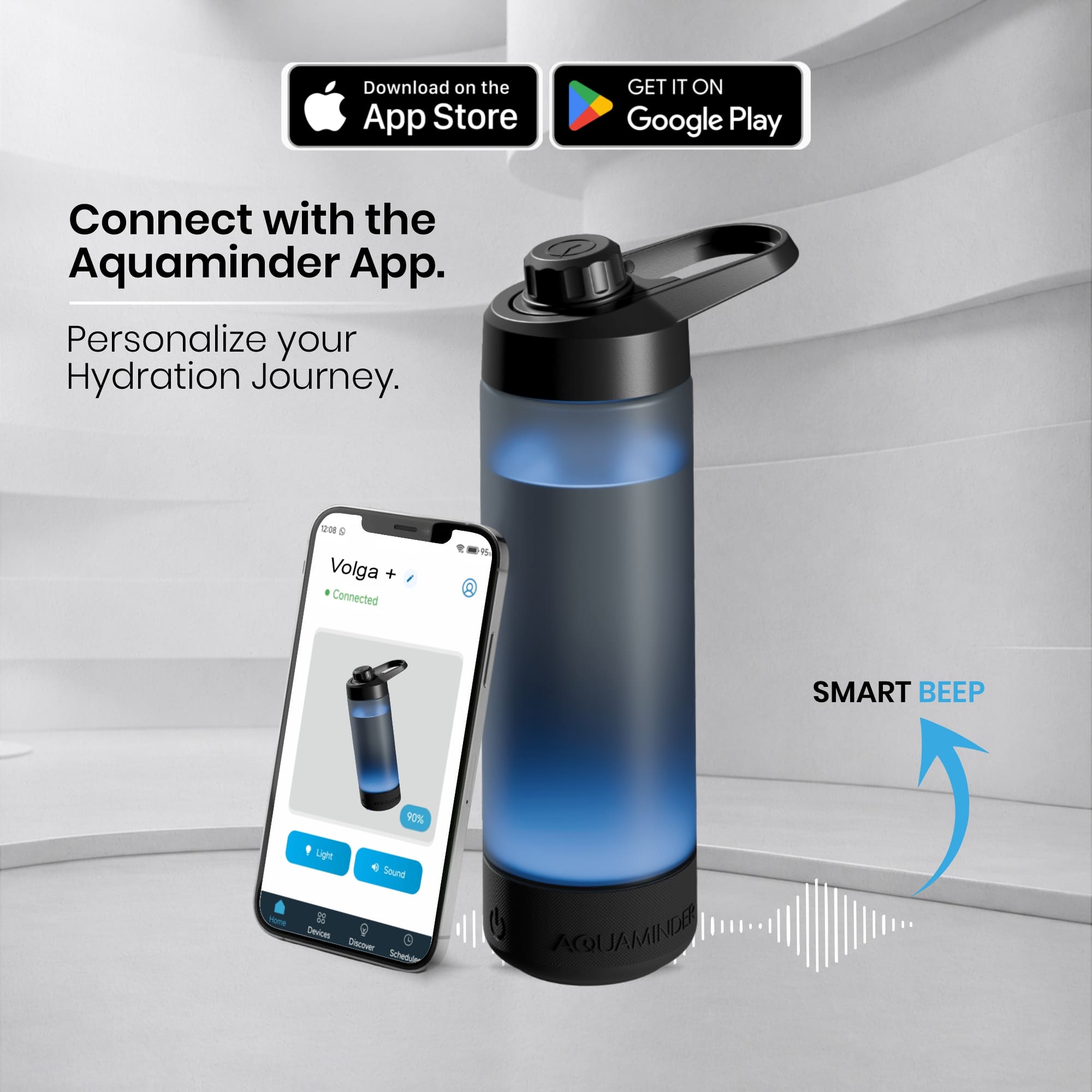 Personalised Volga+ Smart Reminder Led Vacuum Bottle With Chug Lid & Aquaminder APP Connectivity | 770 ml | Black - Cod Not Applicable - AQUAMINDER