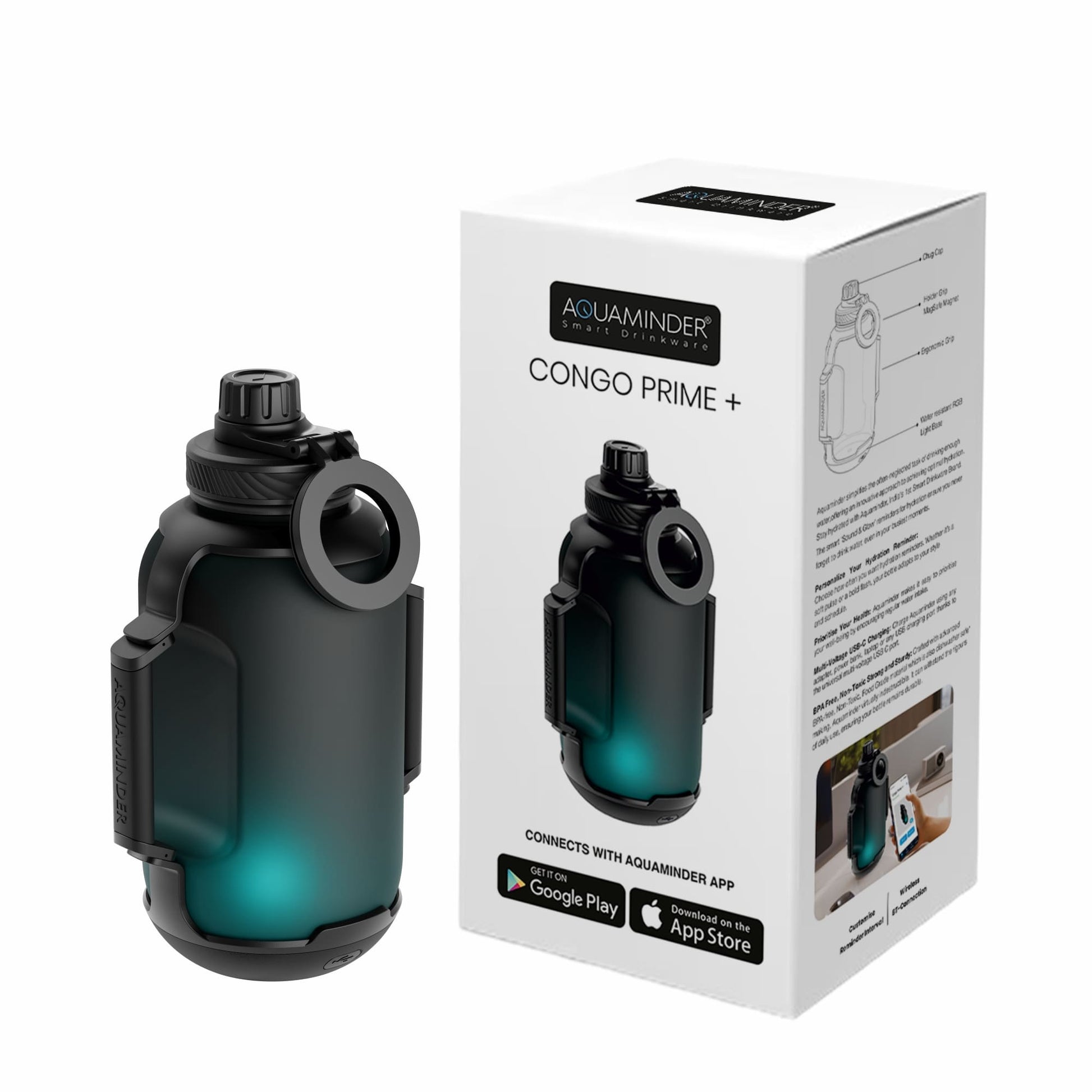 Smart Water Bottle - 1300ml Hydration Tracker with Glow Reminder, Bluetooth App, with Magnetic Phone Holder, Congo Prime+ - AQUAMINDER