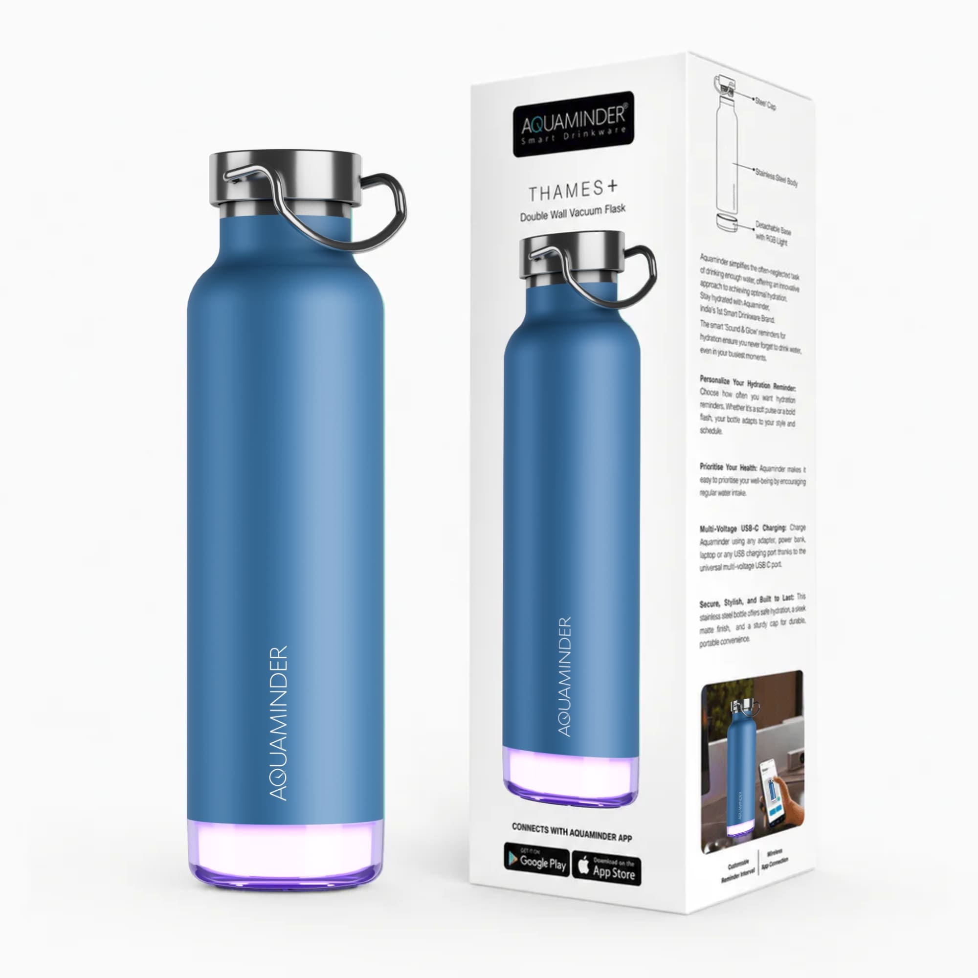 Thames+Smart Water Bottle with App Connectivity,600 ml, SS 304 Material - Blue - AQUAMINDER