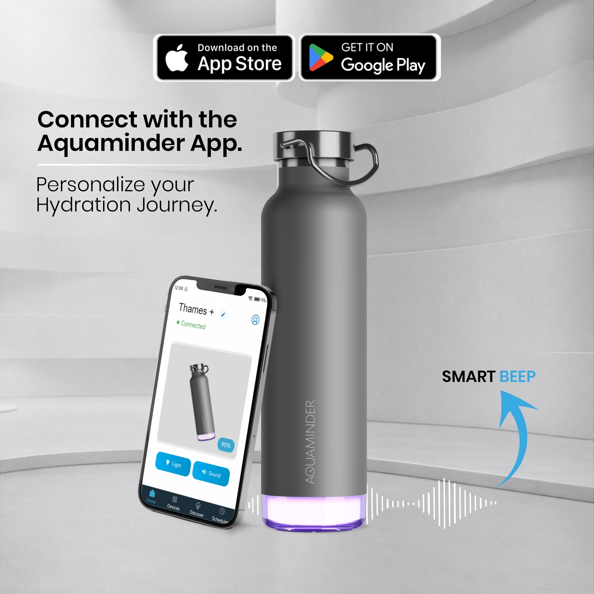 Personalised Thames+ Smart Reminder Led Vacuum Bottle & Aquaminder APP Connectivity | 600 ml | Grey - COD Not Applicable - AQUAMINDER