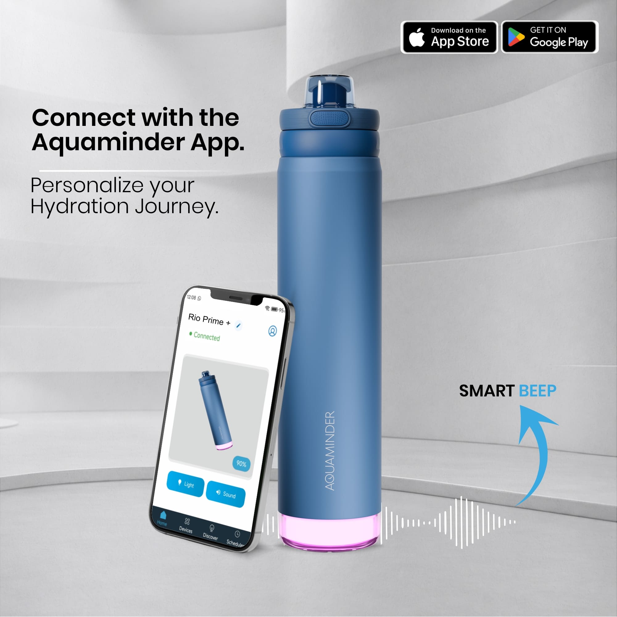 Personalised Rio Prime+ Smart Reminder Beep & Glow Vacuum Bottle with Chug Cap | 700 ml | Hot & Cold Retention | 15-Day Battery | Blue - COD Not Applicable - AQUAMINDER