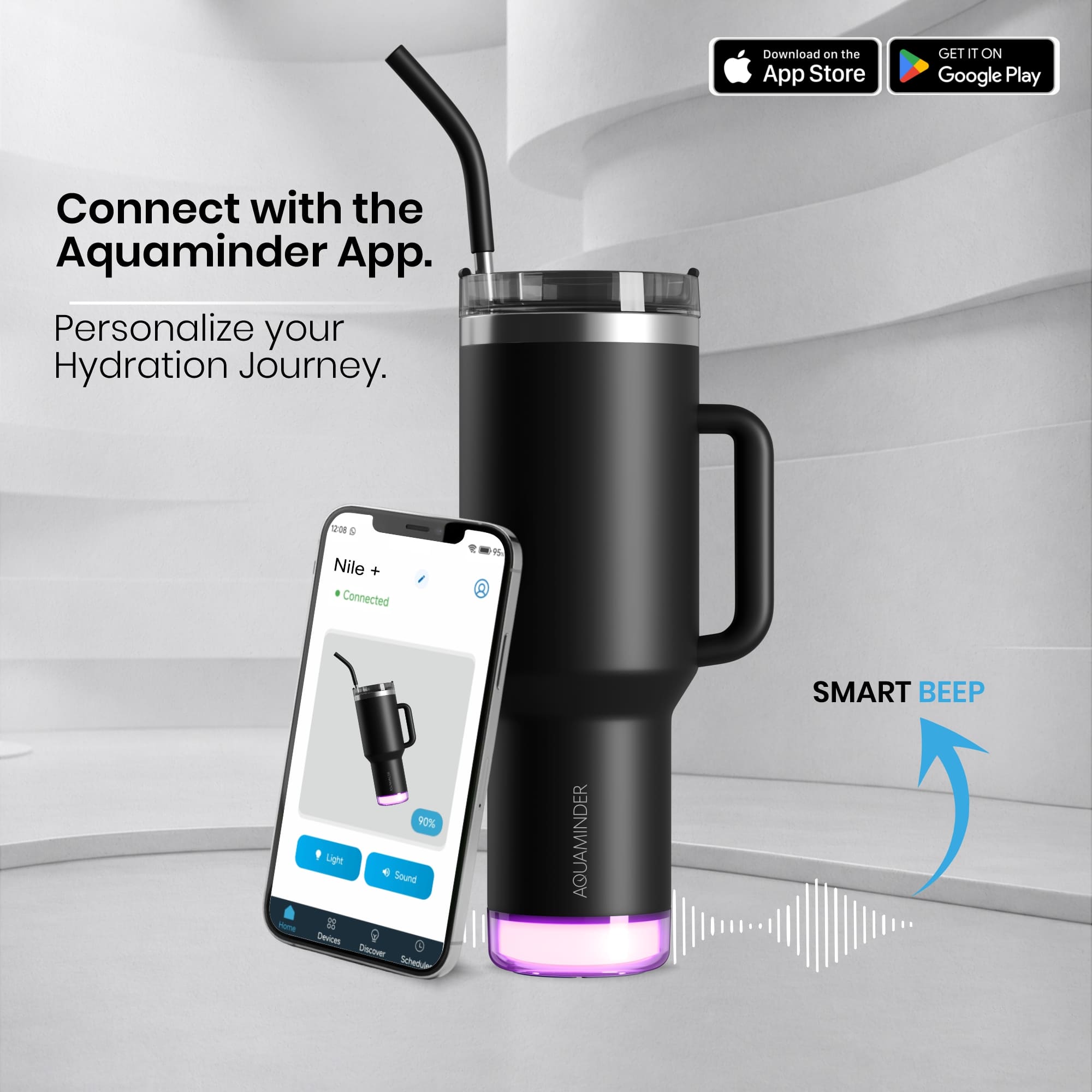 Personalised Nile+ Smart Reminder Led Vacuum Tumbler with Sipper Cap, Straw & Aquaminder APP Connectivity | 1200ML | Black - COD Not Applicable - AQUAMINDER