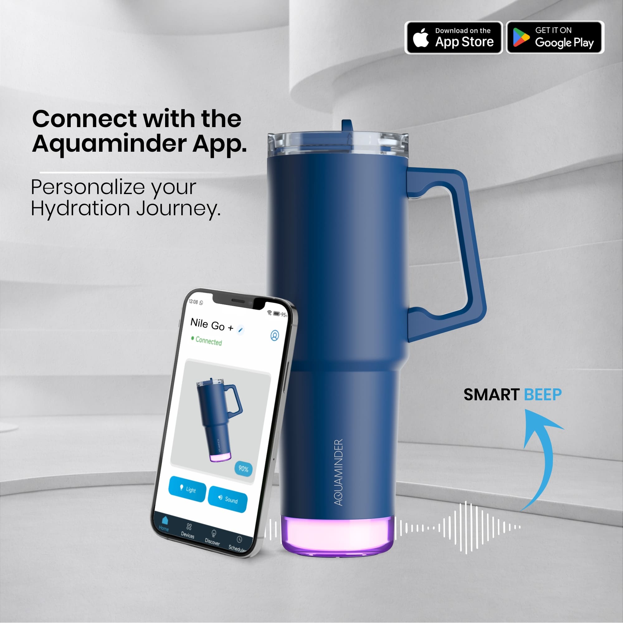 Personalised Nile Go+ Smart Reminder Led Vacuum Tumbler with Sipper Cap & Aquaminder APP Connectivity | 800ML | Blue - COD Not Applicable - AQUAMINDER