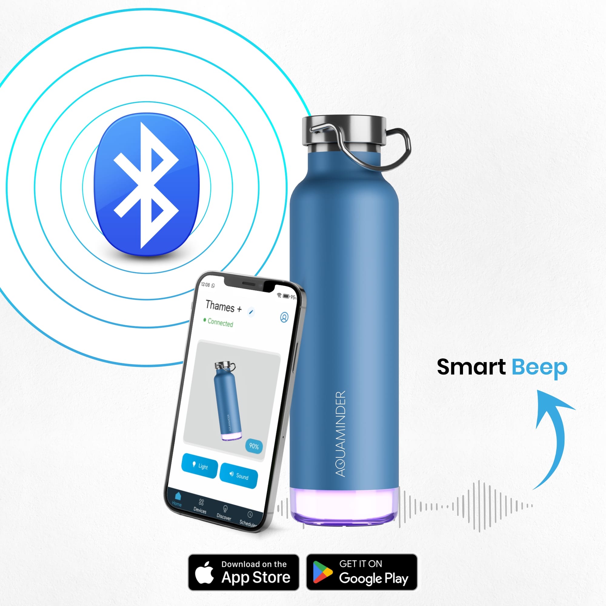 Thames+Smart Water Bottle with App Connectivity,600 ml, SS 304 Material - Blue - AQUAMINDER