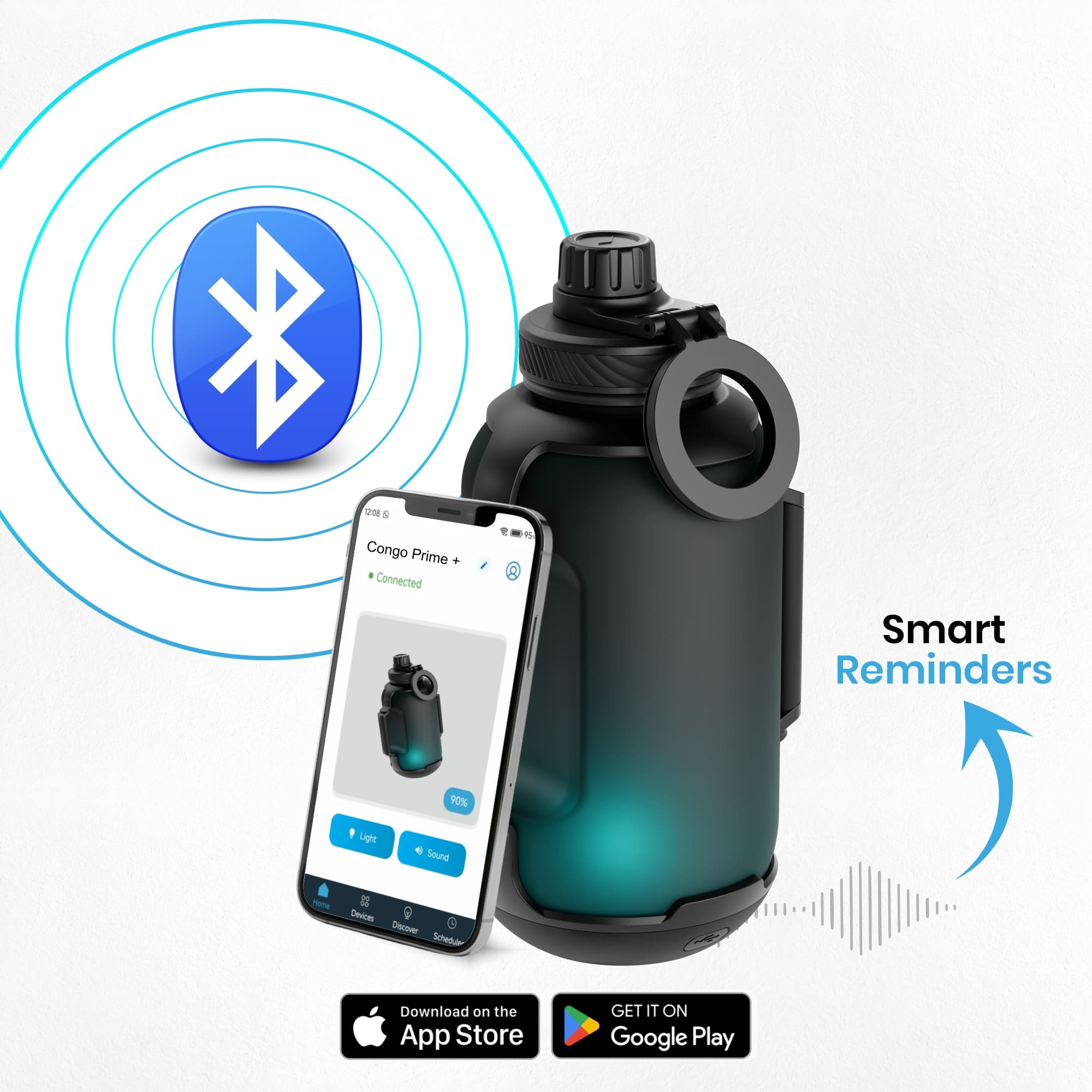 Smart Water Bottle - 1300ml Hydration Tracker with Glow Reminder, Bluetooth App, with Magnetic Phone Holder, Congo Prime+ - AQUAMINDER