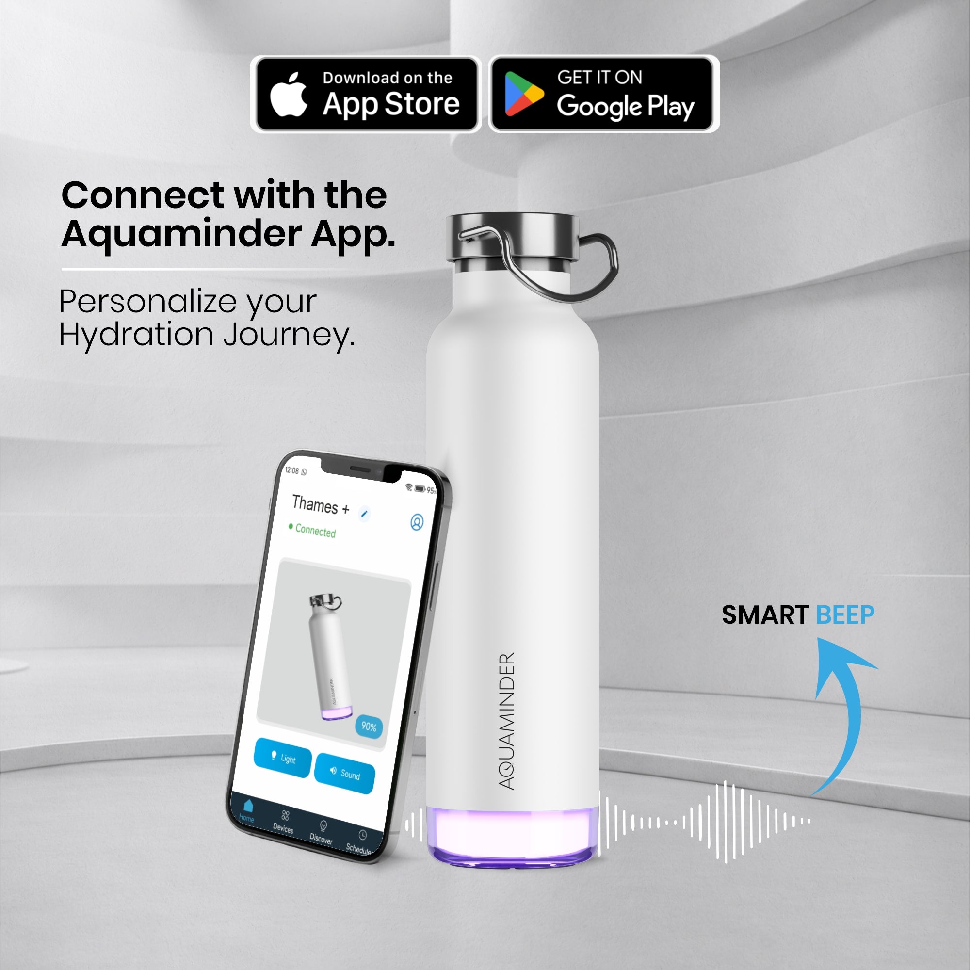 Personalised Thames+ Smart Reminder Led Vacuum Bottle & Aquaminder APP Connectivity | 600 ml | White - COD Not Applicable - AQUAMINDER
