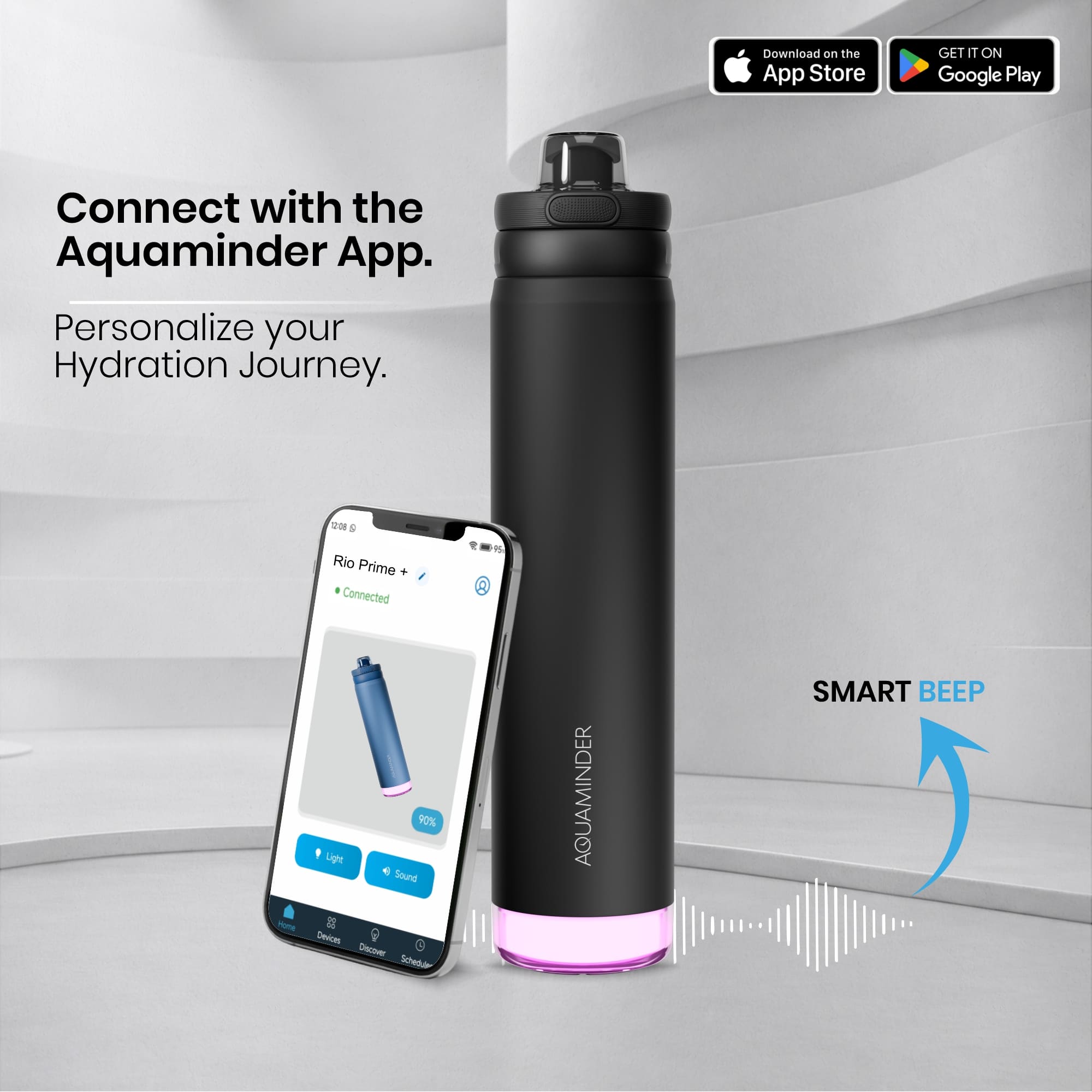 Personalised Rio Prime+ Smart Reminder Beep & Glow Vacuum Bottle with Chug Cap | 700 ml | Hot & Cold Retention | 15-Day Battery | Black - COD Not Applicable - AQUAMINDER