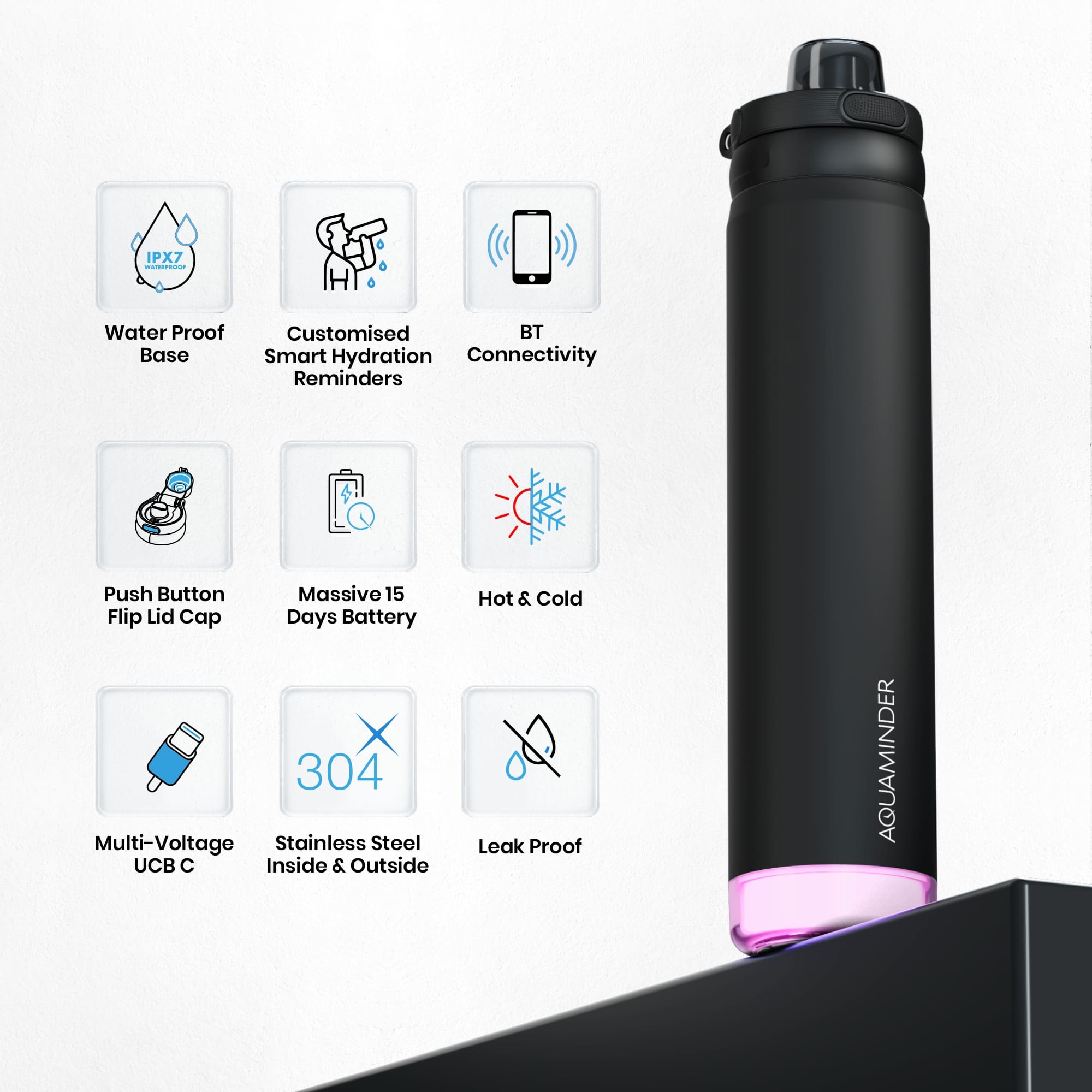 Rio Prime+ Smart Reminder Beep & Glow Vacuum Bottle with Chug Cap | 700 ml | Hot & Cold Retention | 15 - Day Battery - AQUAMINDER