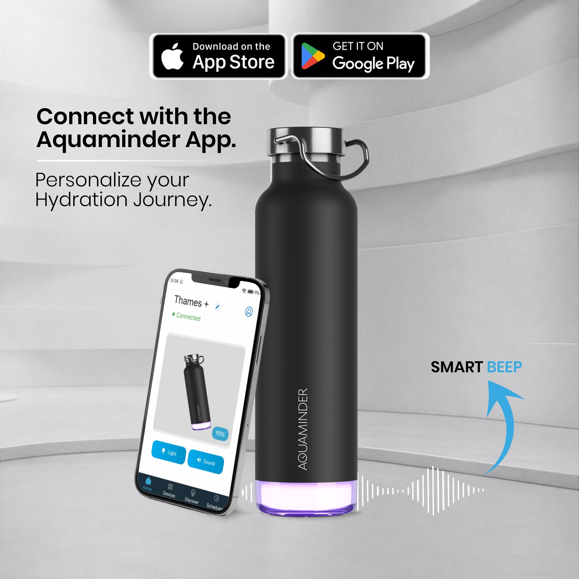Personalised Thames+ Smart Reminder Led Vacuum Bottle & Aquaminder APP Connectivity | 600 ml | Black - COD Not Applicable - AQUAMINDER