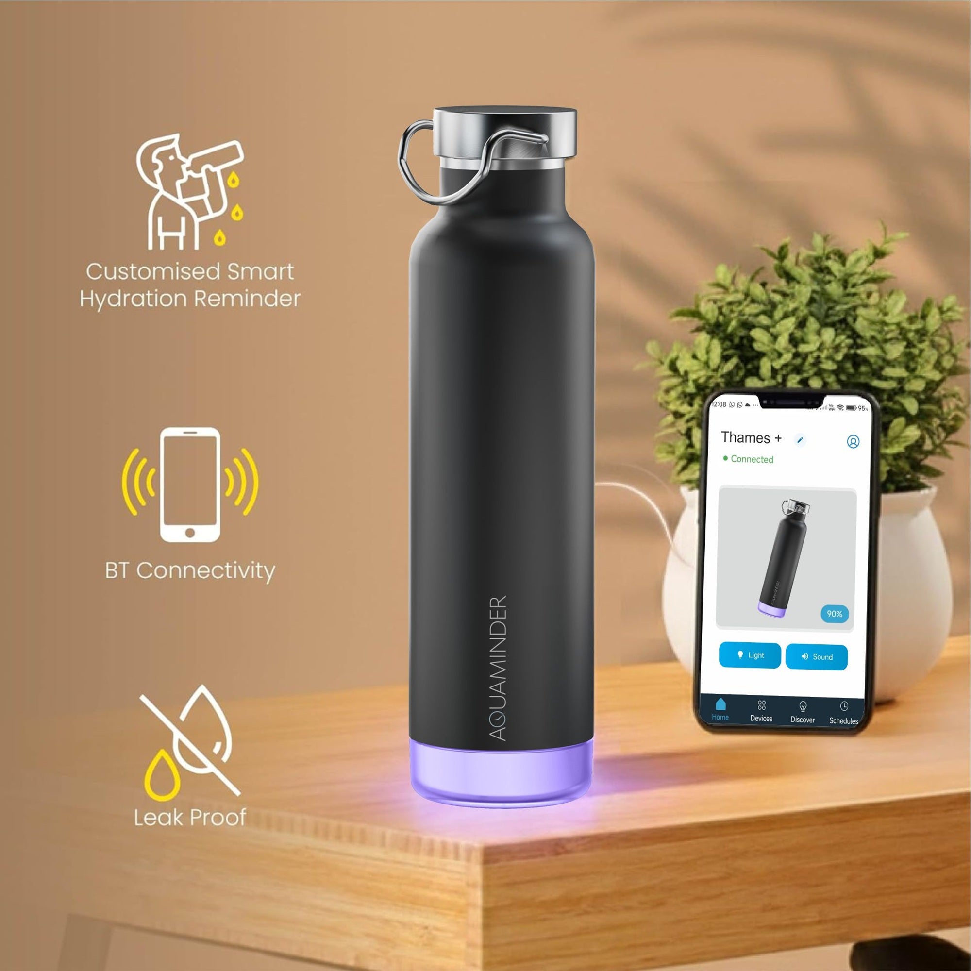 Thames+ Smart Water Bottle, 600 ml, SS 304 Material with App Connectivity - AQUAMINDER