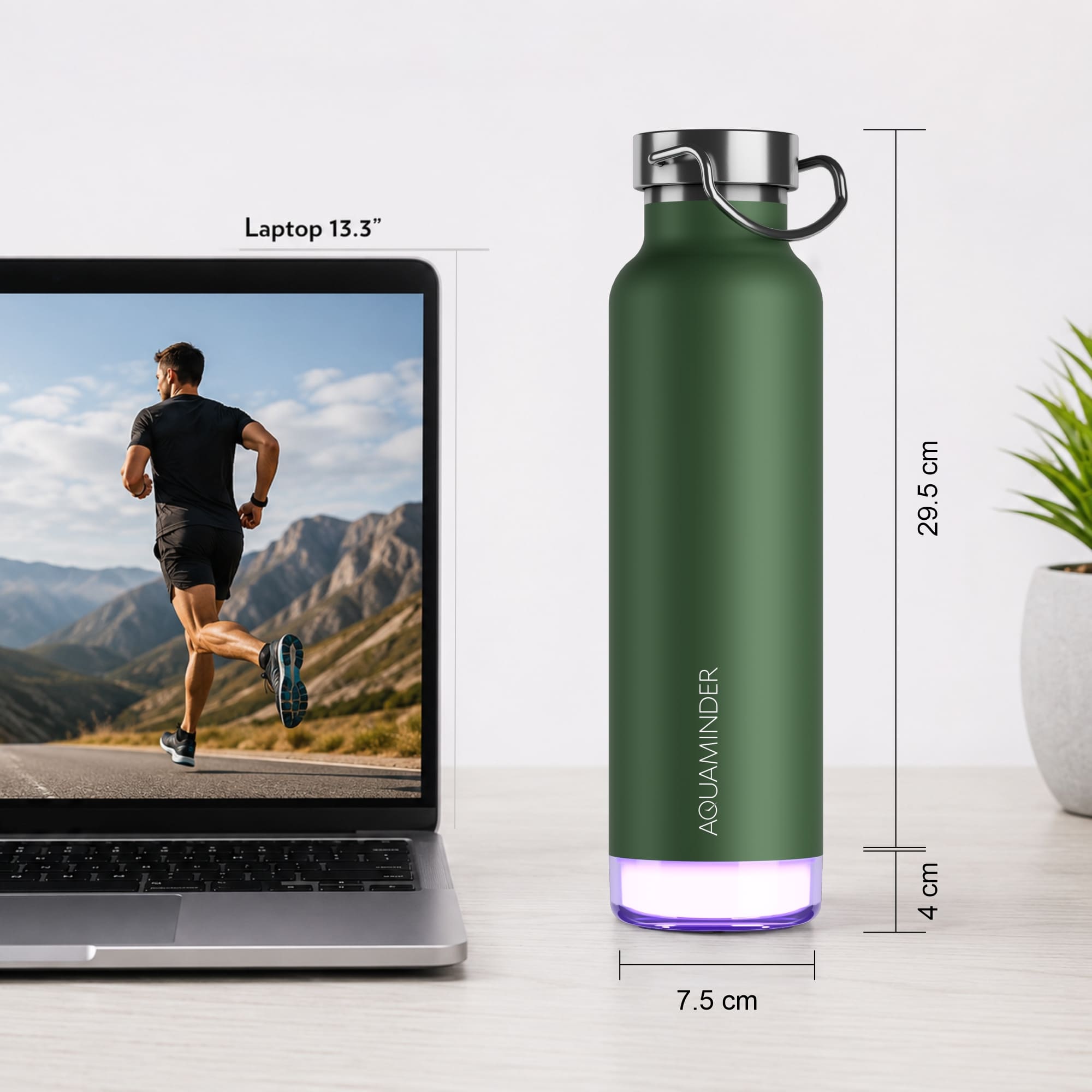 Personalised Thames+ Smart Reminder Led Vacuum Bottle & Aquaminder APP Connectivity | 600 ml | Olive - COD Not Applicable - AQUAMINDER