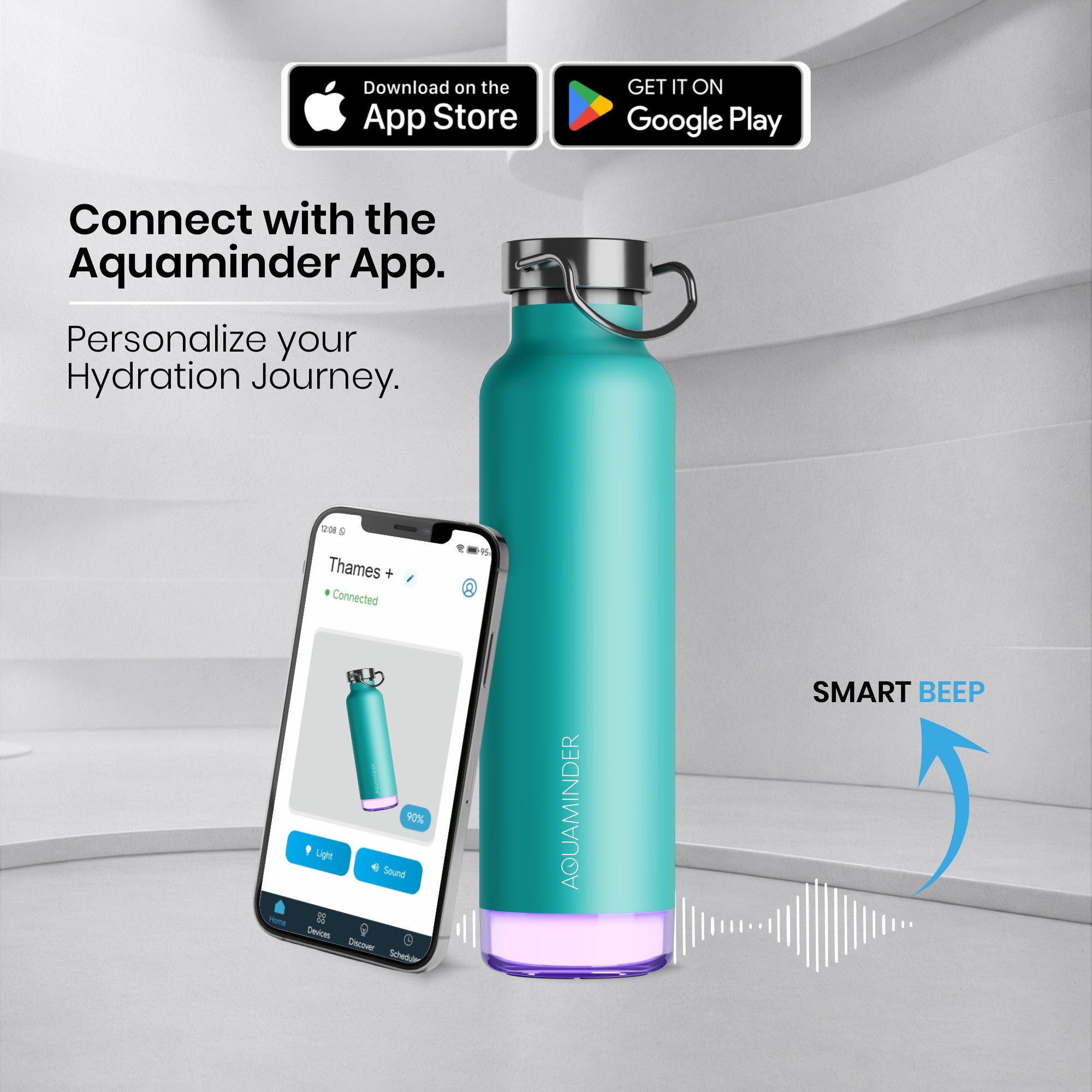 Personalised Thames+ Smart Reminder Led Vacuum Bottle & Aquaminder APP Connectivity | 600 ml | Teal - COD Not Applicable - AQUAMINDER