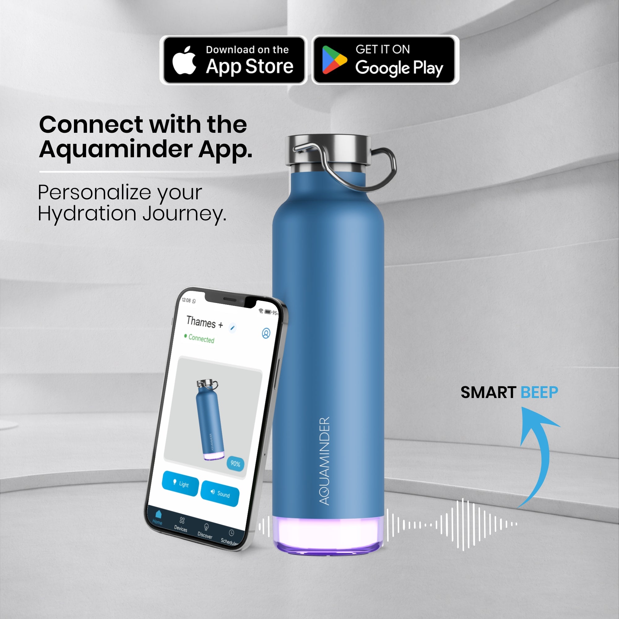 Personalised Thames+ Smart Reminder Led Vacuum Bottle & Aquaminder APP Connectivity | 600 ml | Blue - COD Not Applicable - AQUAMINDER