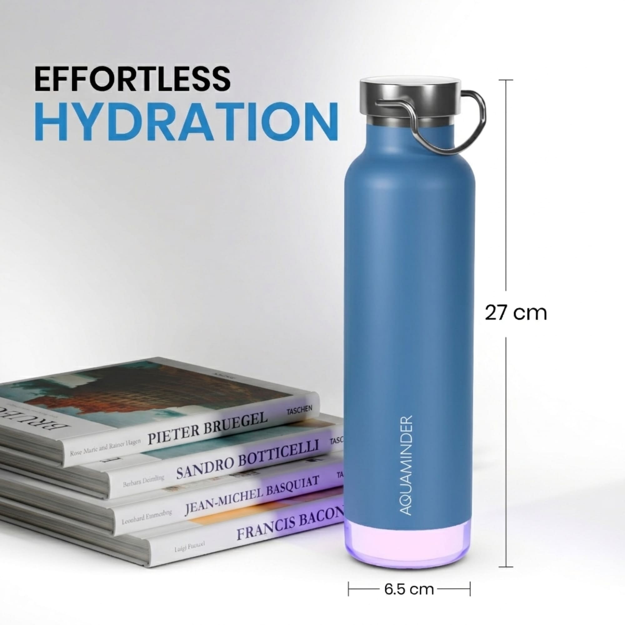Thames+Smart Water Bottle with App Connectivity,600 ml, SS 304 Material - Blue - AQUAMINDER