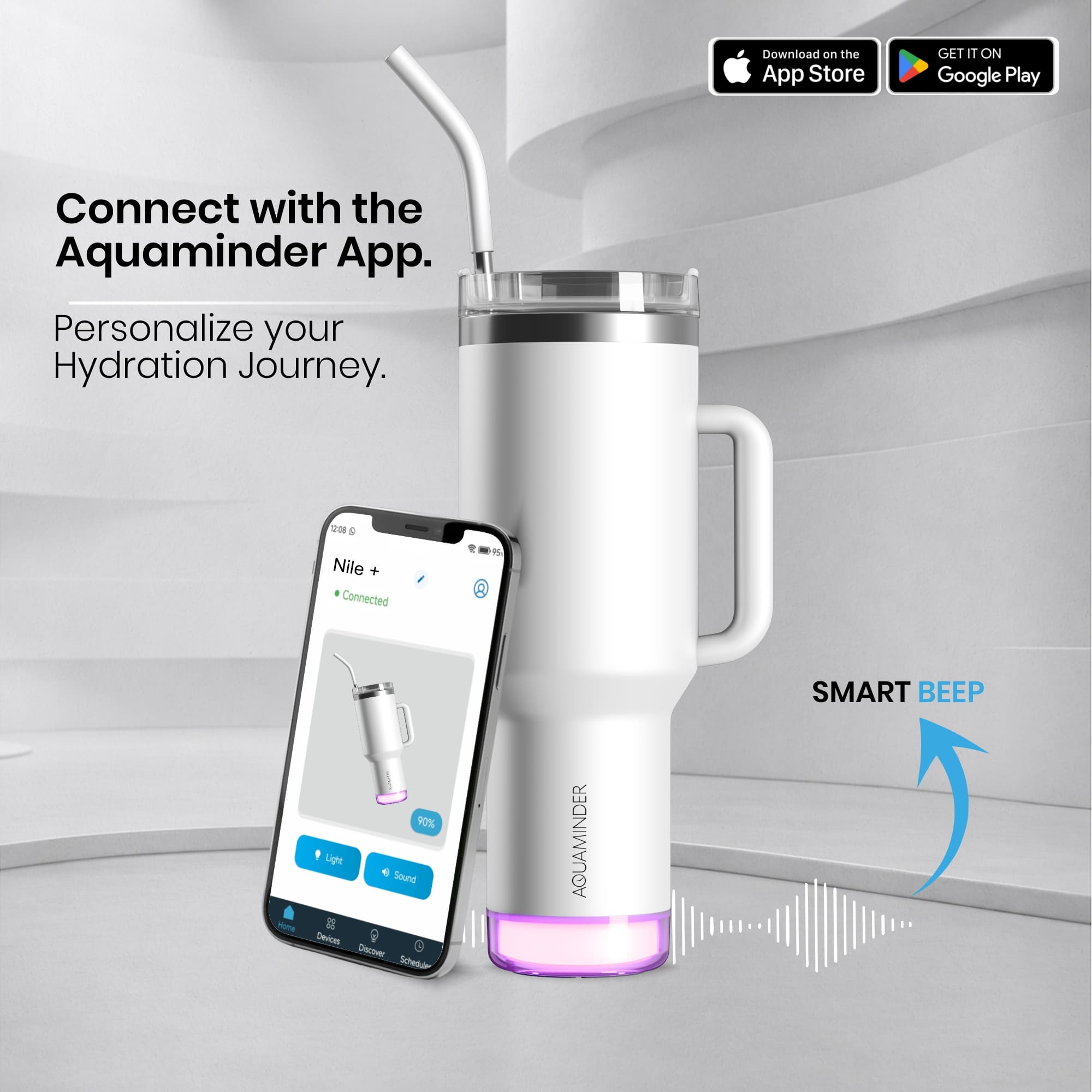 Personalised Nile+ Smart Reminder Led Vacuum Tumbler with Sipper Cap, Straw & Aquaminder APP Connectivity | 1200ML | White - COD Not Applicable - AQUAMINDER