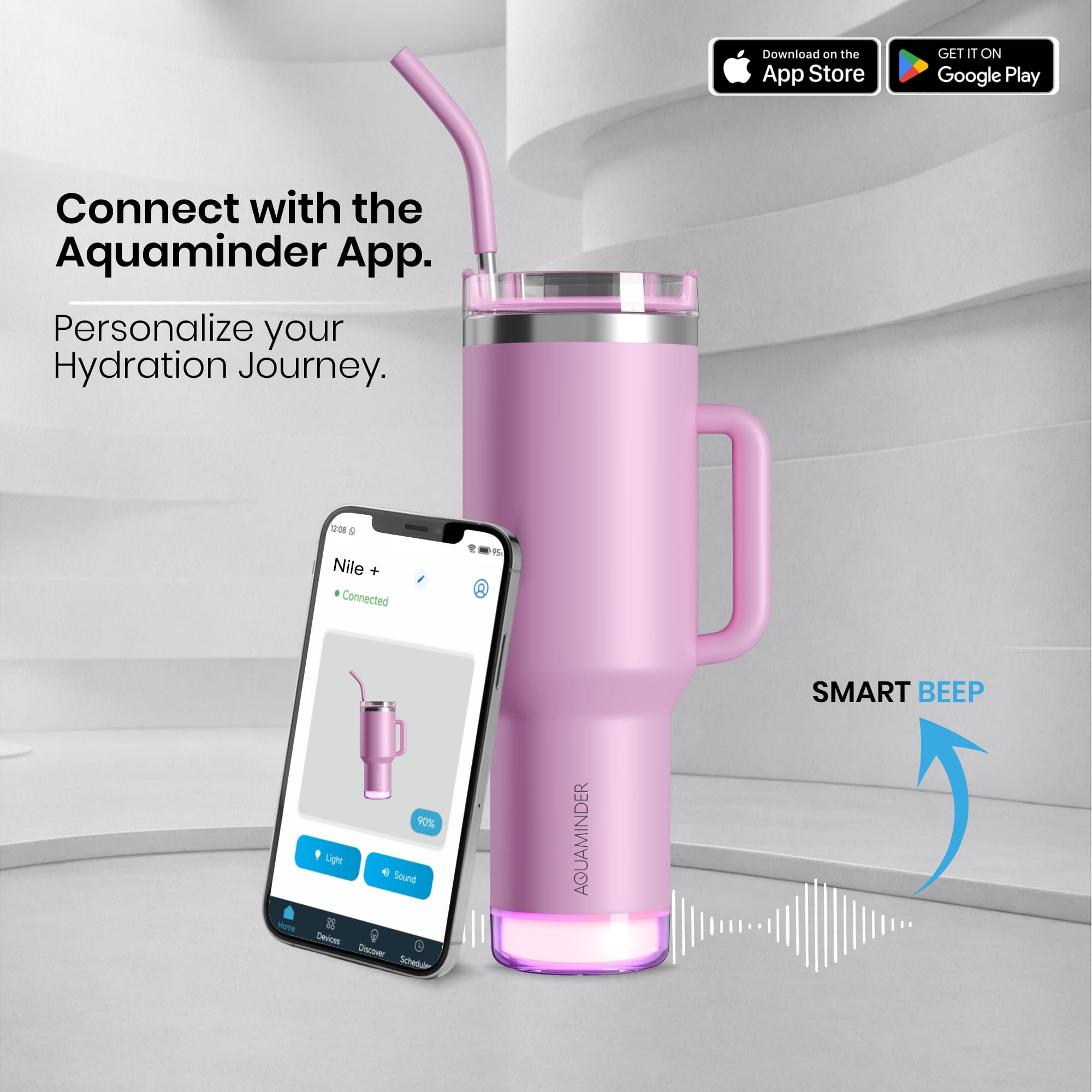 Personalised Nile+ Smart Reminder Led Vacuum Tumbler with Sipper Cap, Straw & Aquaminder APP Connectivity | 1200ML | Pink - COD Not Applicable - AQUAMINDER