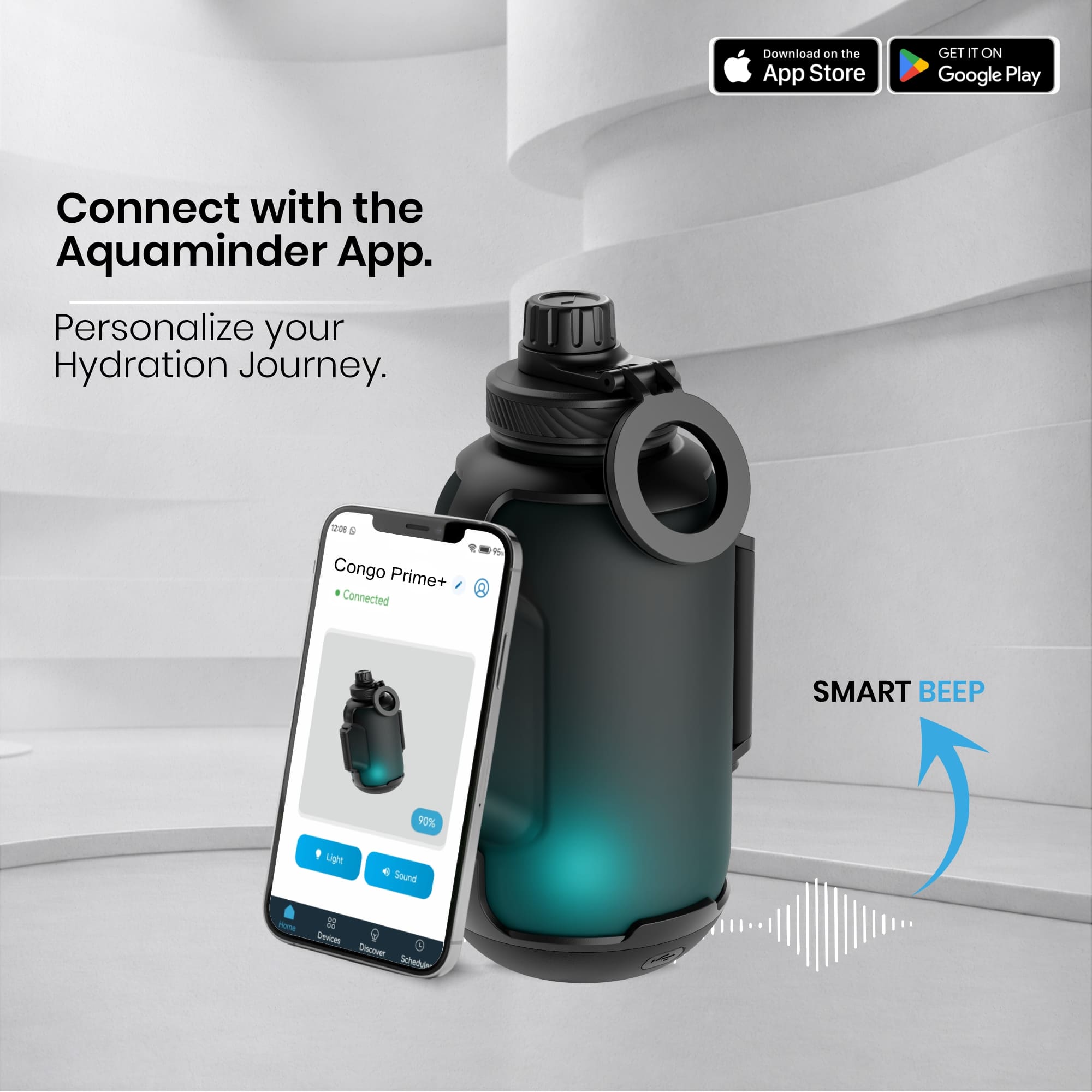 Congo Prime+ Smart Reminder Led Vacuum Bottle with Chug Cap, Magnetic Phone Holder & Aquaminder APP Connectivity | 1300ml | Black - AQUAMINDER