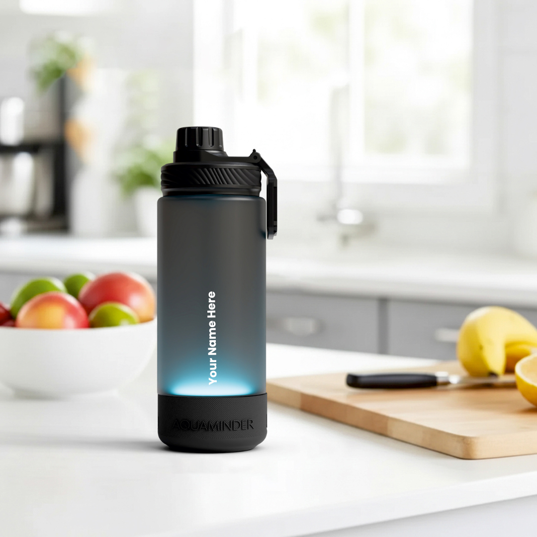 Personalised Hudson Smart Reminder Vacuum Bottle with Chug Cap, Magnetic Phone Holder | 600ml | Black - COD Not Applicable