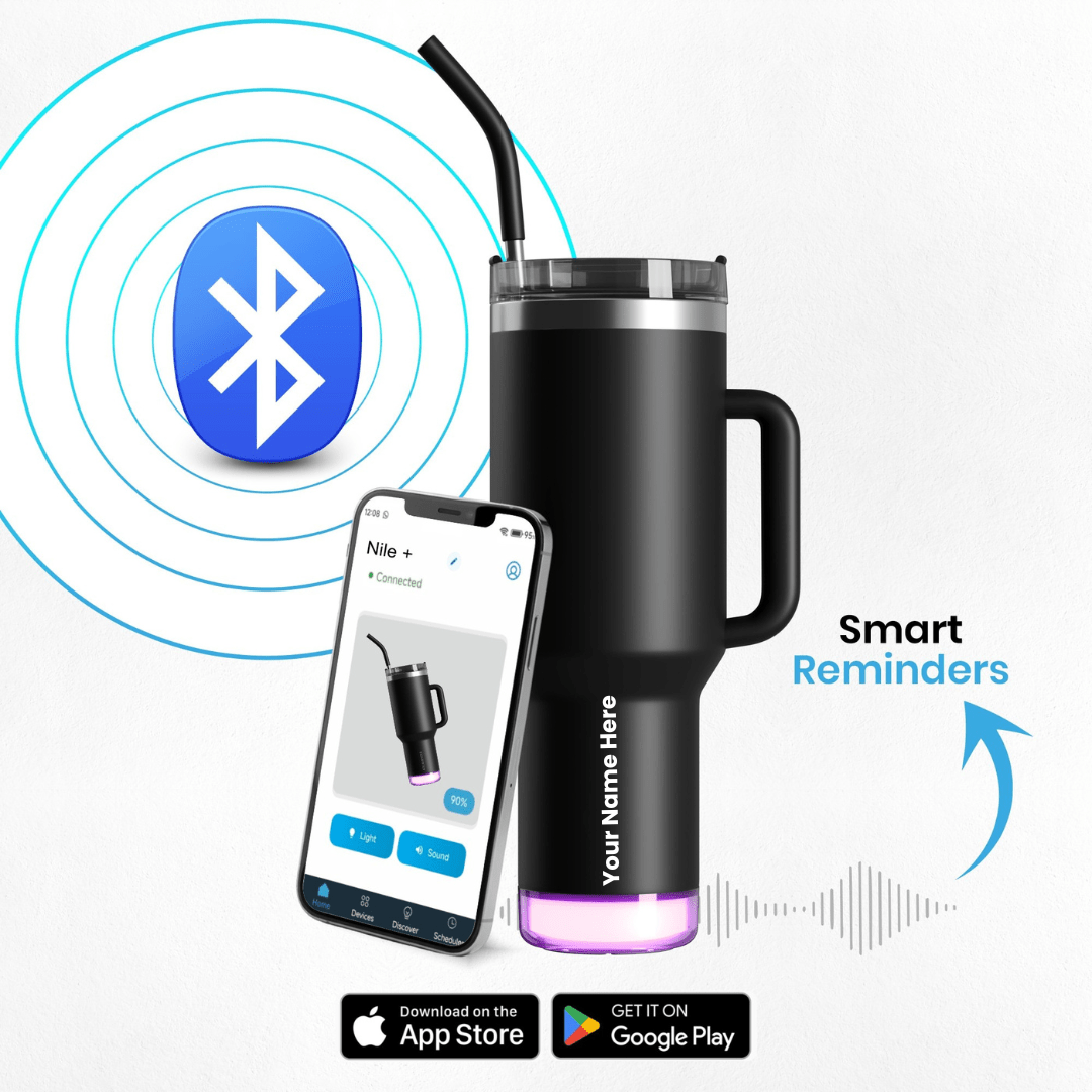 Personalised Nile+ Smart Reminder Led Vacuum Tumbler with Sipper Cap, Straw & Aquaminder APP Connectivity | 1200ML | Black - COD Not Applicable - AQUAMINDER