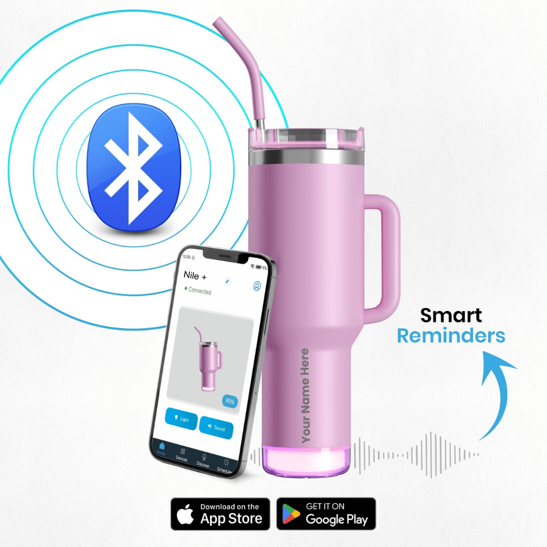 Personalised Nile+ Smart Reminder Led Vacuum Tumbler with Sipper Cap, Straw & Aquaminder APP Connectivity | 1200ML | Pink - COD Not Applicable - AQUAMINDER