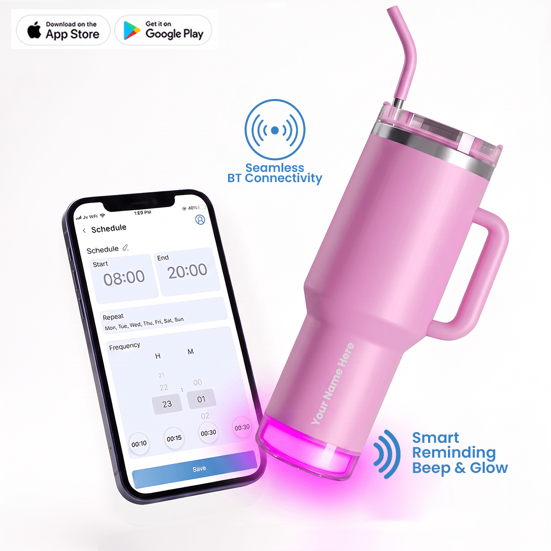 Personalised Nile+ Smart Reminder Led Vacuum Tumbler with Sipper Cap, Straw & Aquaminder APP Connectivity | 1200ML | Pink - COD Not Applicable - AQUAMINDER