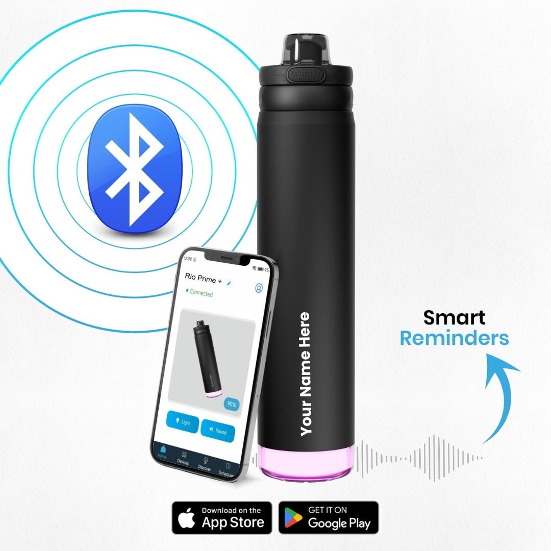 Personalised Rio Prime+ Smart Reminder Beep & Glow Vacuum Bottle with Chug Cap | 700 ml | Hot & Cold Retention | 15-Day Battery | Black - COD Not Applicable - AQUAMINDER