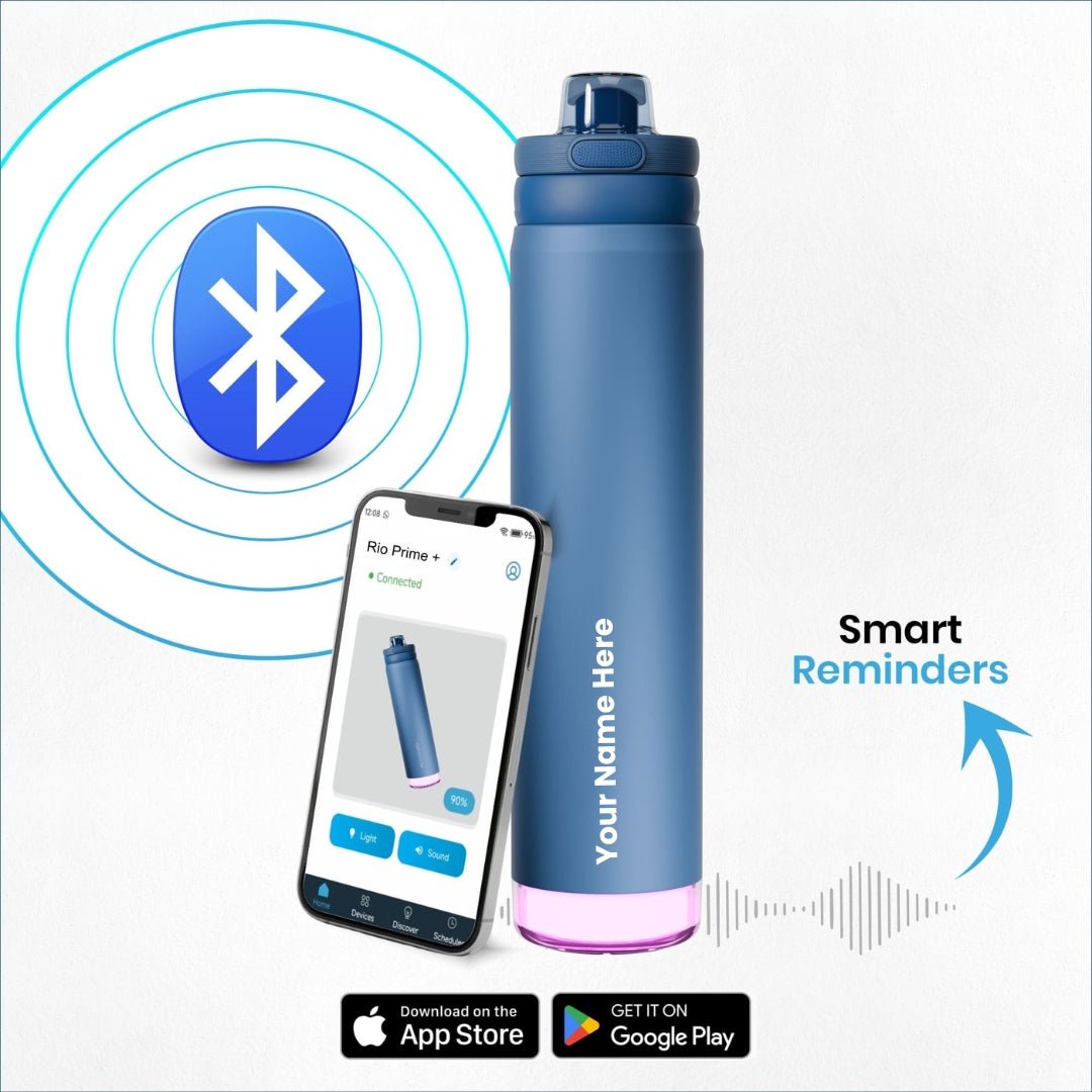 Personalised Rio Prime+ Smart Reminder Beep & Glow Vacuum Bottle with Chug Cap | 700 ml | Hot & Cold Retention | 15-Day Battery | Blue - COD Not Applicable - AQUAMINDER