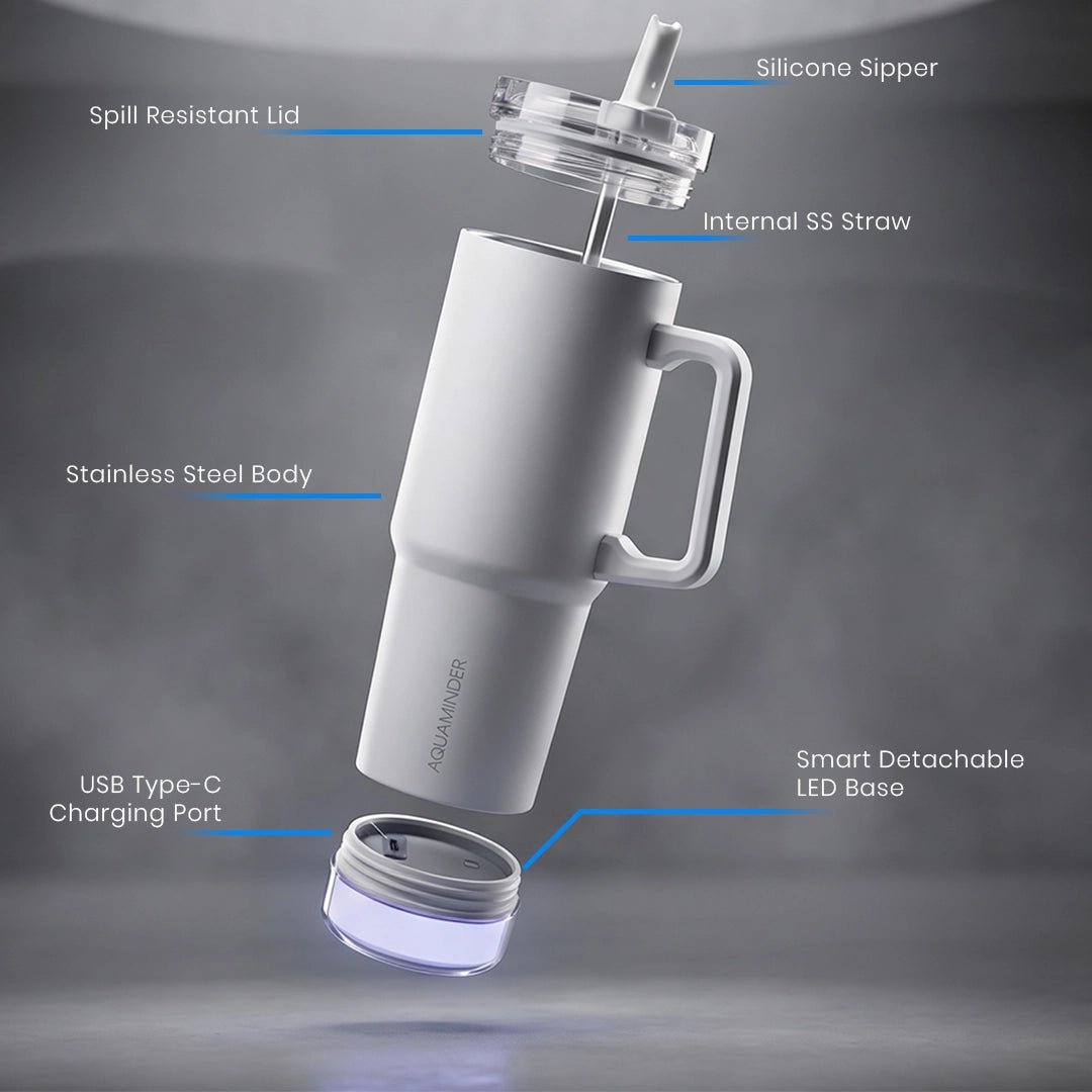 Nile Go+ Smart Tumbler with Sipper Cap Leak Proof 800ml with App Connectivity - White - AQUAMINDER