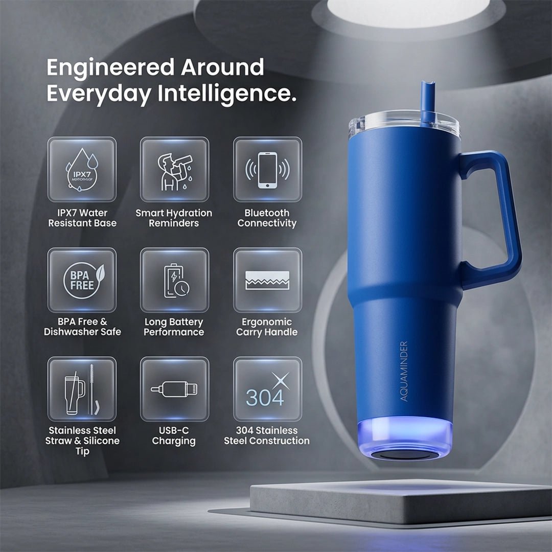 Nile Go+ Smart Tumbler with Sipper Cap Leak Proof 800ml with App Connectivity - White - AQUAMINDER