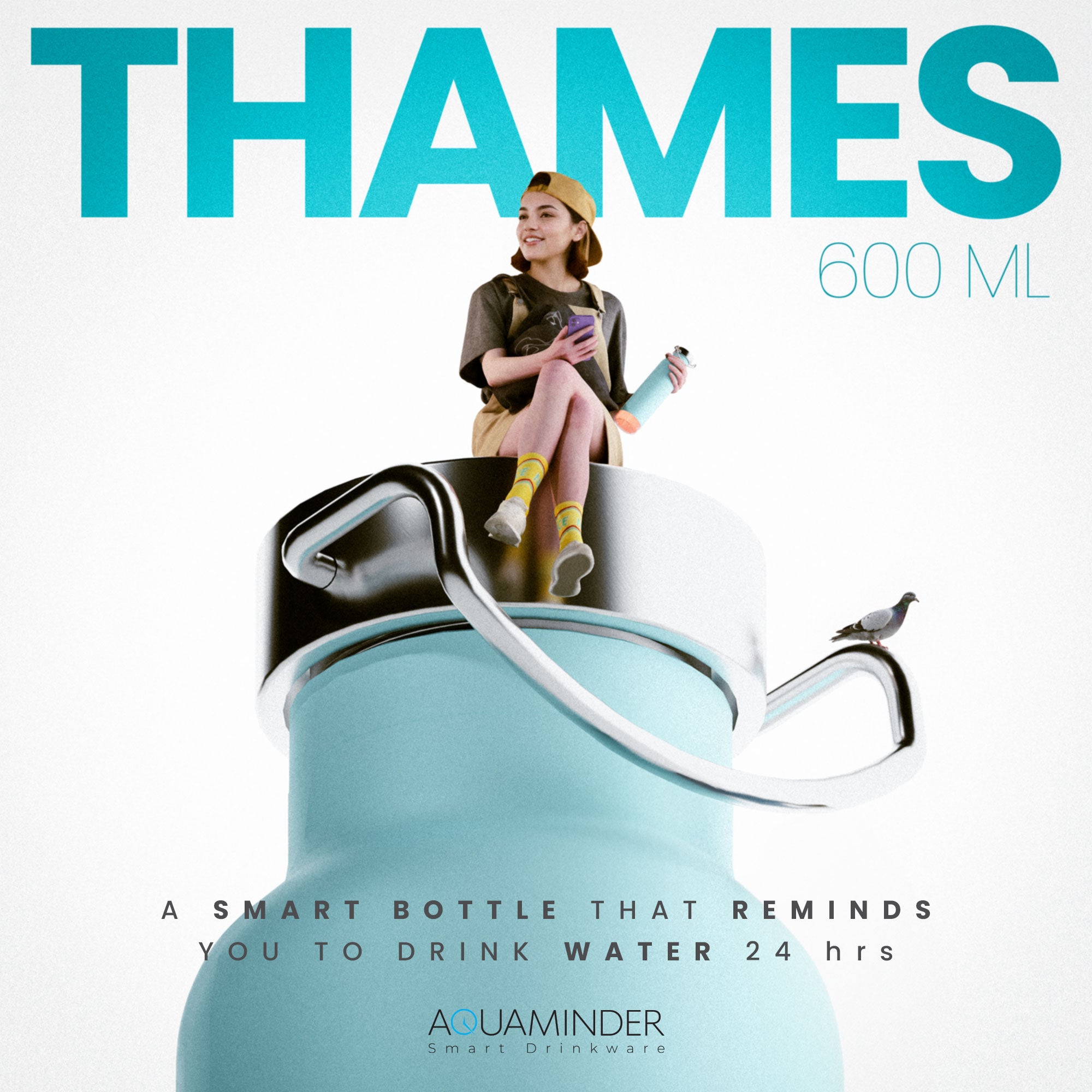 Thames+ Smart Water Bottle, 600 ml, SS 304 Material with App Connectivity - AQUAMINDER
