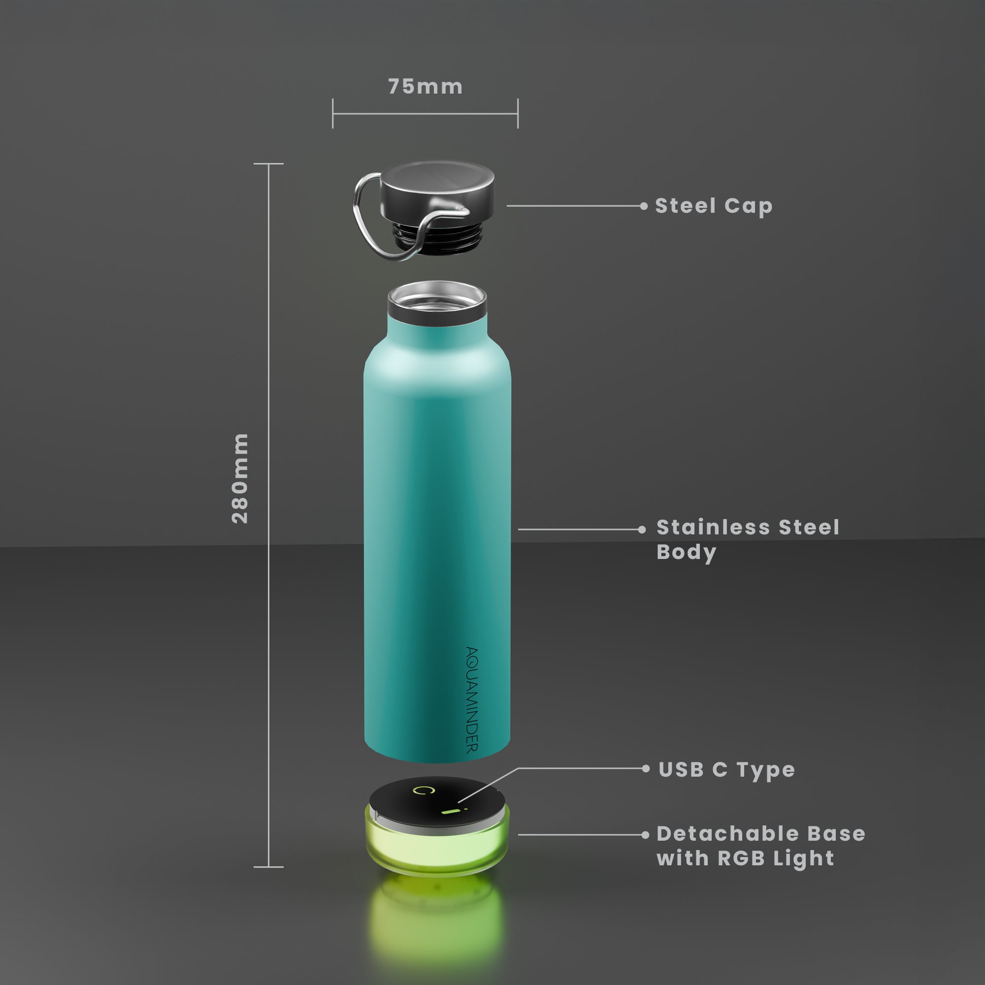 Thames+ Smart Water Bottle, 600 ml, SS 304 Material with App Connectivity - AQUAMINDER