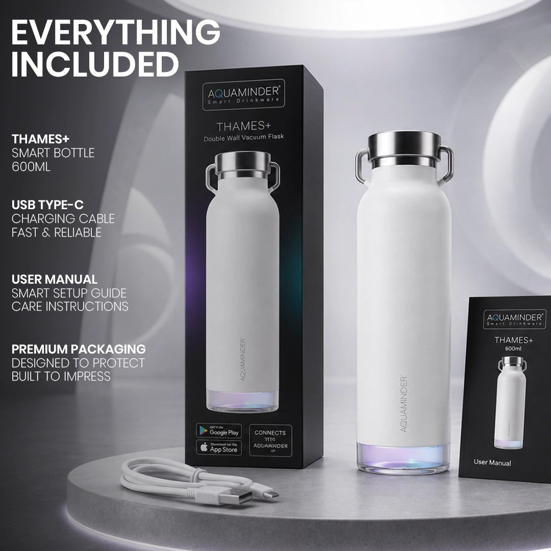 Thames+Smart Reminder Led Vacuum Tumbler & Aquaminder APP Connectivity | SS 304 Material | 600 ml | Blue - AQUAMINDER