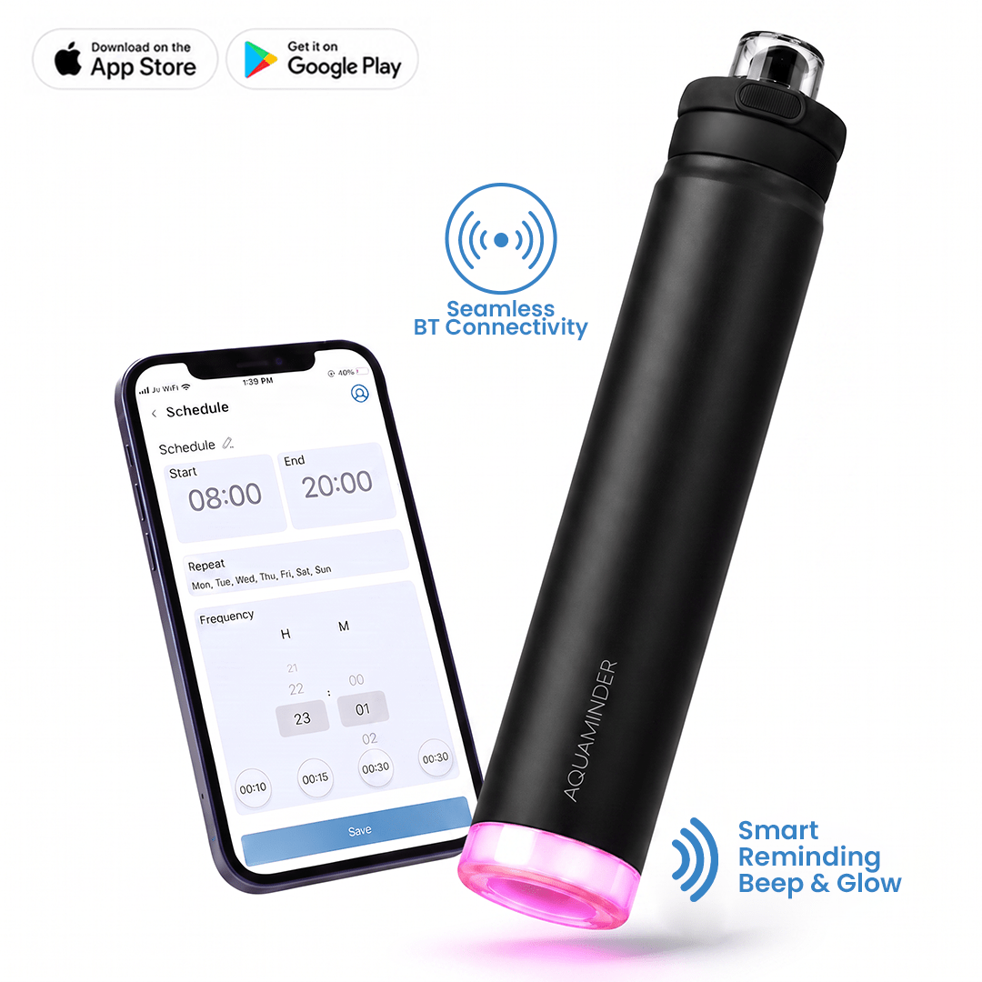 Rio Prime+ Smart Reminder Beep & Glow Vacuum Bottle with Chug Cap | 700 ml | Hot & Cold Retention | 15-Day Battery | Black - AQUAMINDER