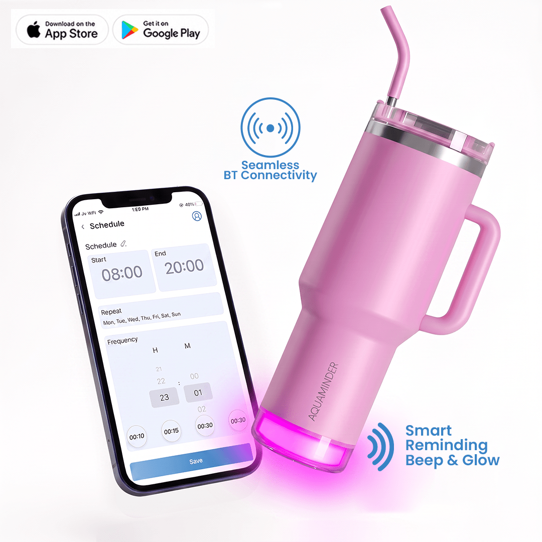 Nile+ Smart Reminder Led Vacuum Tumbler with Sipper Cap, Straw & Aquaminder APP Connectivity | 1200ML | Pink - AQUAMINDER